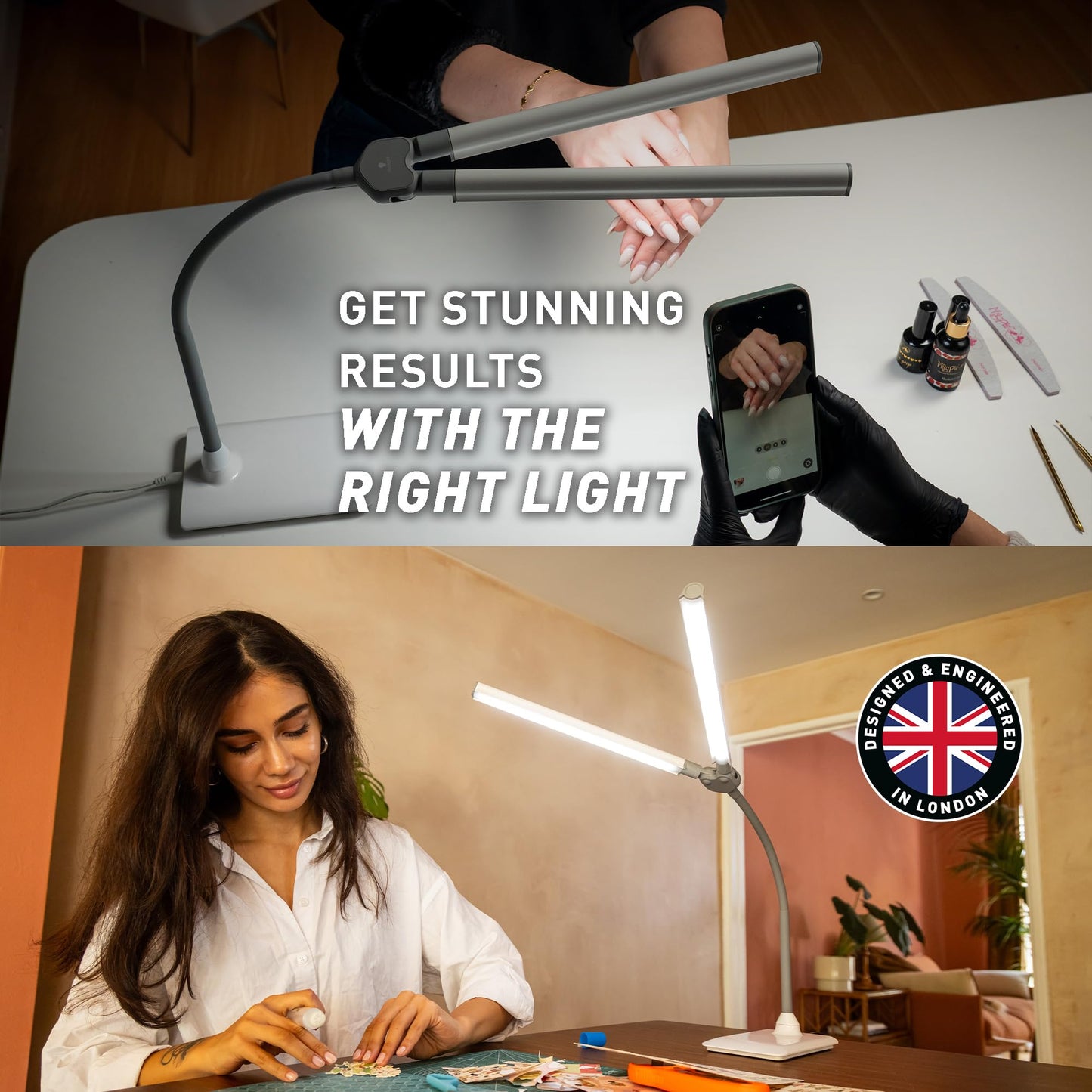 daylight DuoPro™ Table Lamp - Double Shade LED Task Lamp, 4 Brightness Levels, 6,000K, 2,100 Lux, Anti-Glare, Flexible Arm, Touch Dimmer - Ideal for Sewing, Crafting, Reading