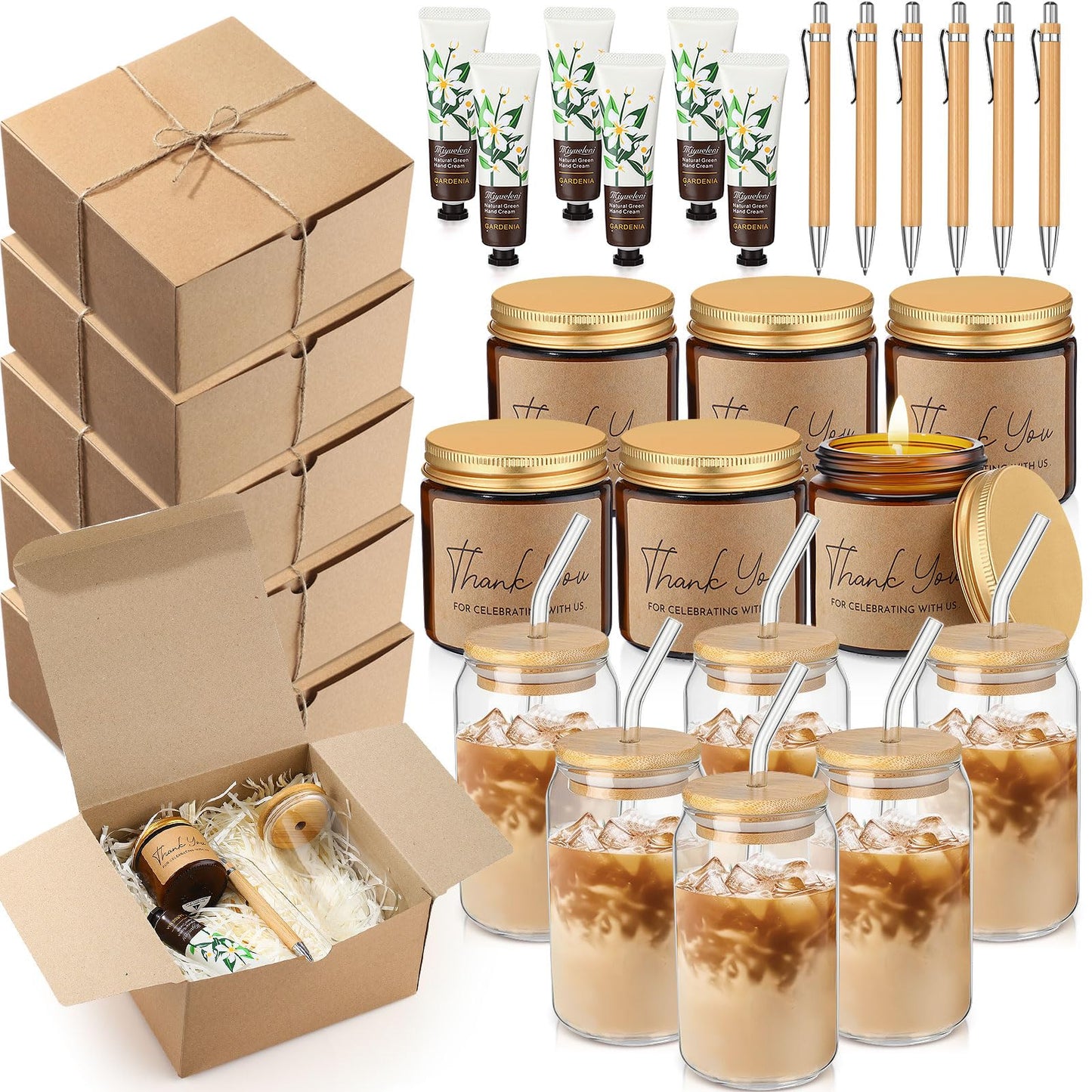 Reallnaive 6 Sets Baby Shower Prizes for Game Winners, Baby Shower Favors Including Glass Cup Scented Candles Hand Cream Pens Gift Box with Raffia for Gender Reveal Wedding Bridal Party Prizes(Khaki)