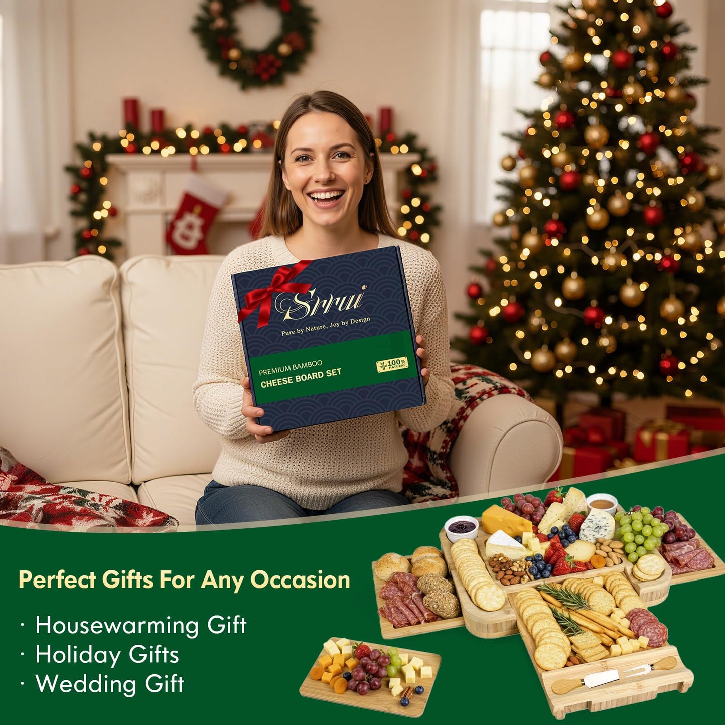 Charcuterie Board with Lid Gift Set - Cheese Bamboo Tray with Utensils, 2 Sauce Bowls,Fruit Tray and Food-Grade Seal Included - Portable with Handle for Travel, Parties, Kitchen Gifts for Women