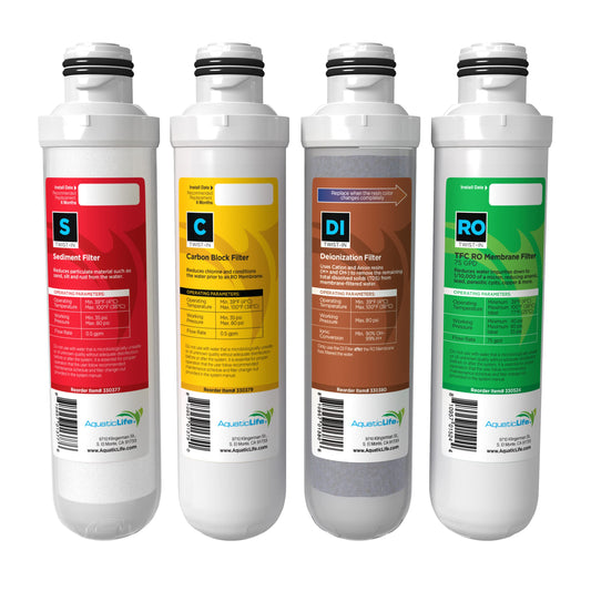 AquaticLife Twist-In Reverse Osmosis Replacement Water Filter Cartridge Pack - Includes 75 GPD Membrane, Sediment, Carbon Block and Deionization for 4-Stage RODI System