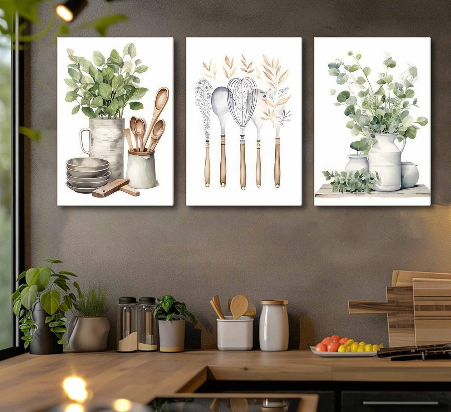3 Pcs Sage Green Farmhouse Kitchen Canvas Wall Art Minimalist Dining Room Eucalyptus leaves plant Painting Pictures Wall Decor Poster Print Artwork For Dining Room kitchen Home Decoration