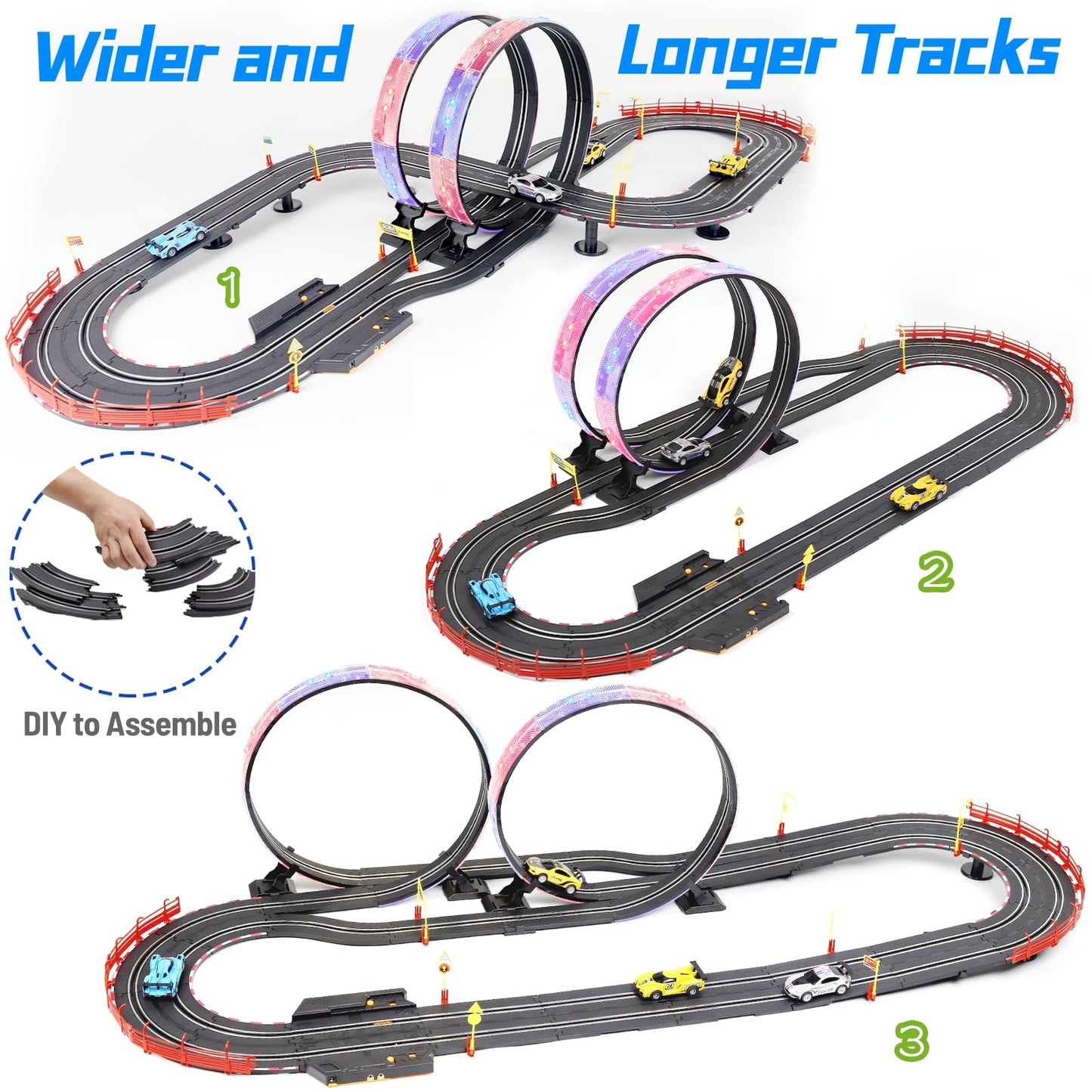Slot Car Race Track Set, 19ft Electric Track with LED Lights and 4 Slot Cars, 2 Hand Controllers and Racing Game Lap Counters, Set Features Loop, Turns, and Crossover for Boys Age 6-12