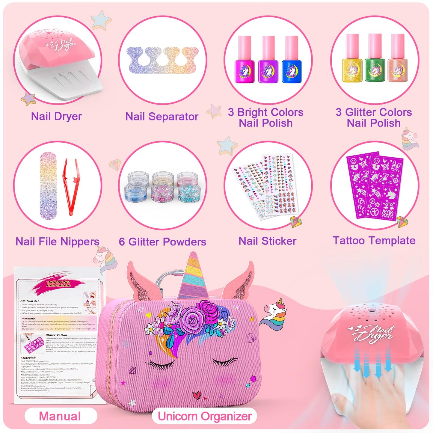 Kids Nail Polish Set for Girls, Nail Art Kit with Nail Dryer & DIY Nail Stickers, Nail Kit Toys for Girls with Non-Toxic Nail Polish,Age 3-12 Little Girl Gift Toys