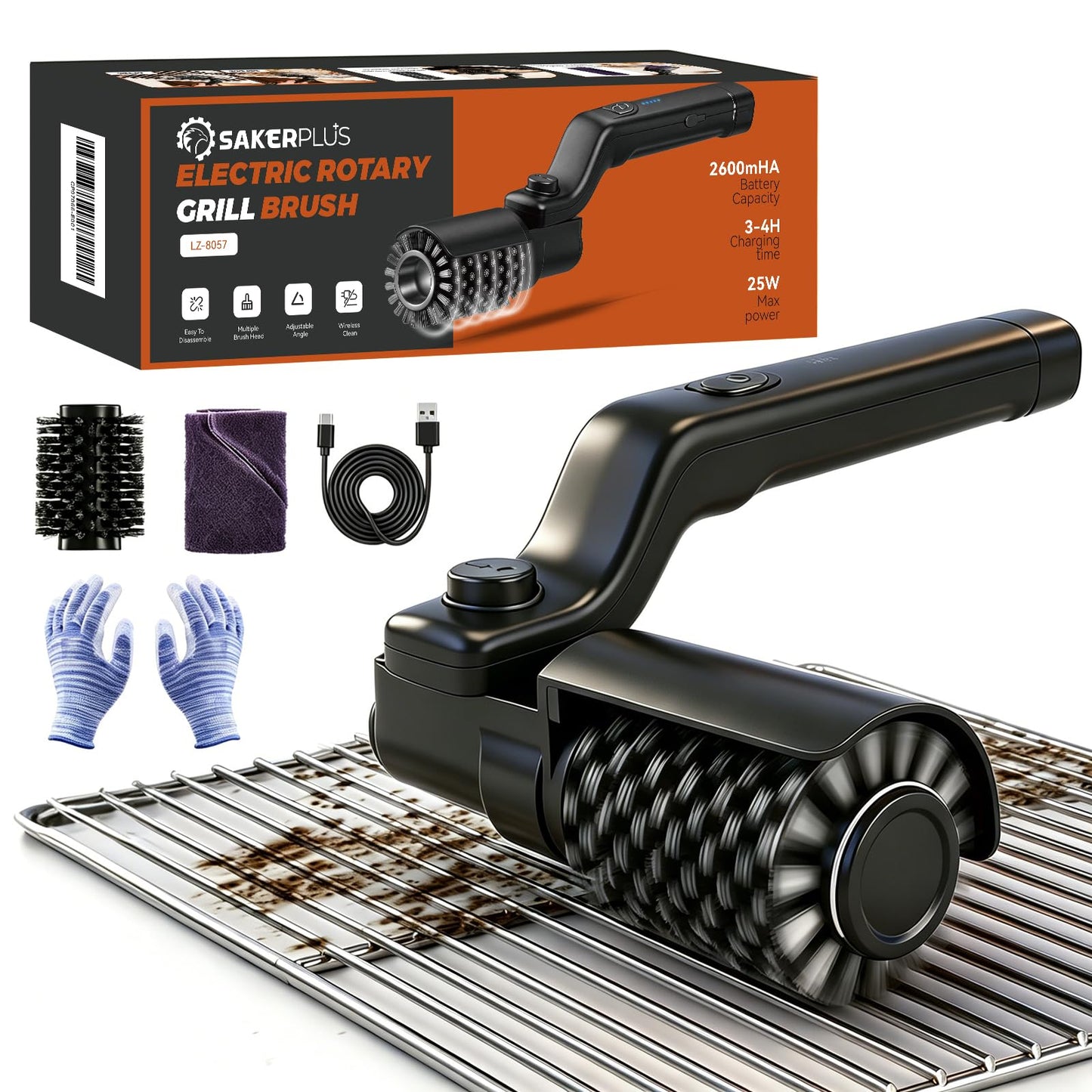 Sakerplus Electric Grill Brush,Cordless Rechargeable Grill Cleaning Brush with 2 Heads, 3-Speed & Angle Adjust, 400 RPM Waterproof Grill Cleaner for Outdoor Grill for Outdoor Camping Barbecue Grates