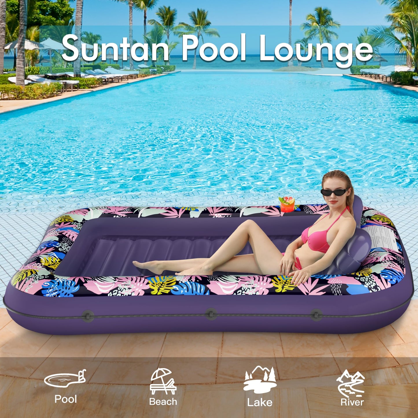 Tanning Pool Floaties for Adults, OKSUWATER Inflatable Tanning Pool Lounge Float with Removable Headrest & Drink Holder, Blow-Up Bed Sun Tan Tub for River & Lake Suntan Swimming Mattress（Purple-L）