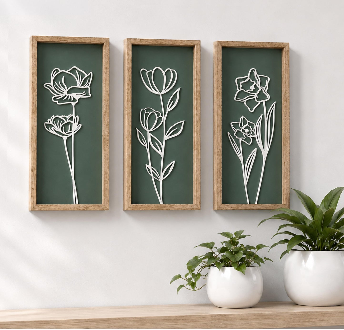 3D Floral Green Wall Art (Set of 3) Lightweight, Wooden Ready-to-Hang Boho Framed Wall Art for Bathroom, Master Bedroom, Living Room or Office - Premium Sage Green Farmhouse Decor - Gift-Boxed