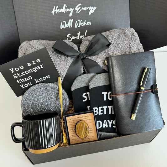 Care Package for Men - Get Well Soon Gifts for Men with Plush Blanket, Ceramic Mug Set, Socks, PU Notebook, Pen, Stress Stone & Greeting Card - Encouragement & Support Gift for Dad, Friend