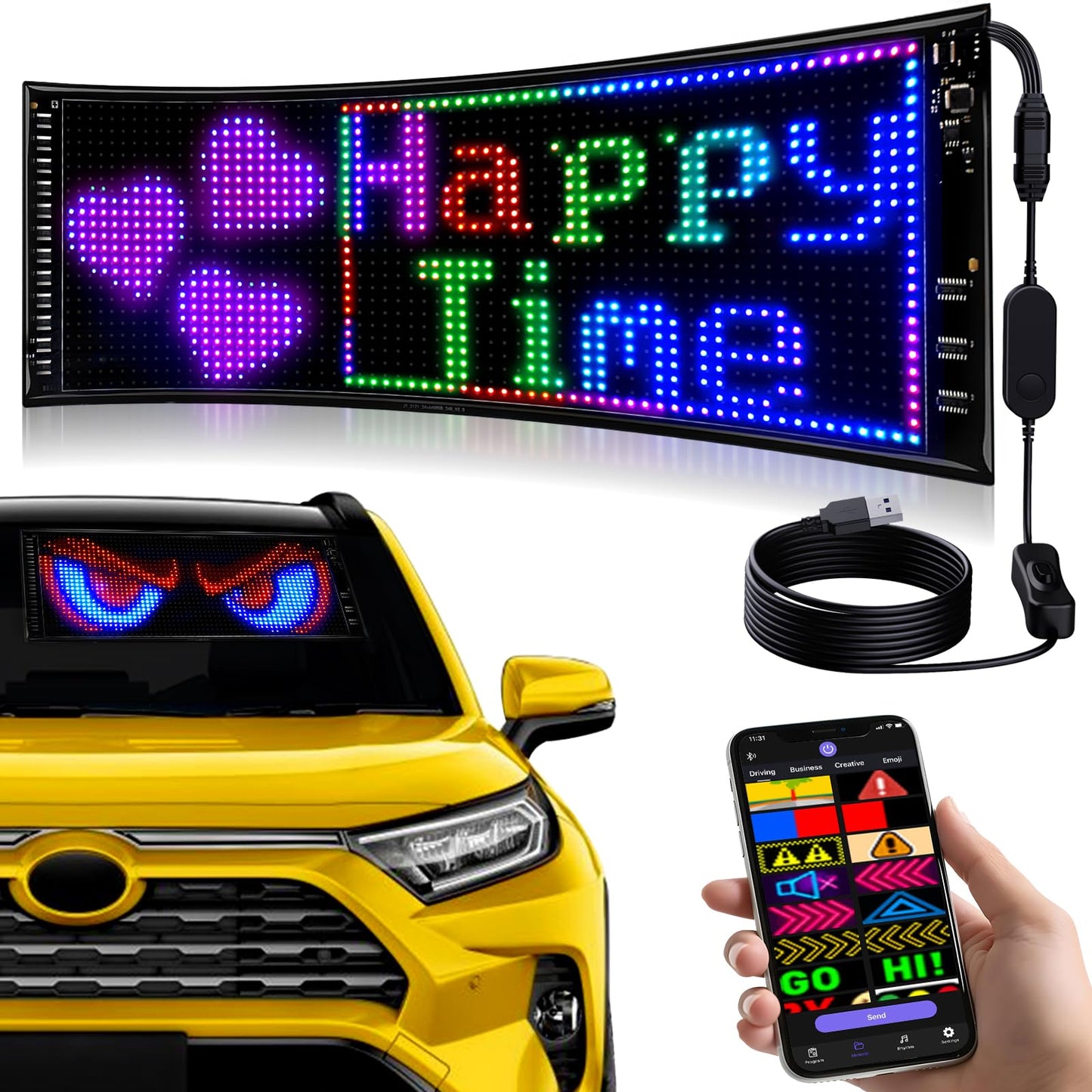 Double Row Programmable LED Signs | Flexible Light Sign for Car | Supports Single and Scrolling Display | Bluetooth APP Control | for Store/Bar/Car