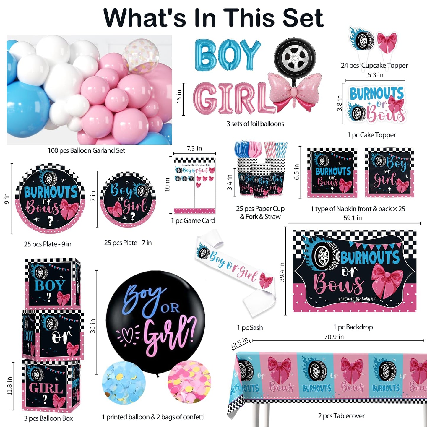 Cocomigo 287pcs Burnouts or Bows Gender Reveal Decorations, One-stop Baby Gender Reveal Decorations Include Burnouts or Bows Plates Backdrop Tablecloths Balloon and Stickers