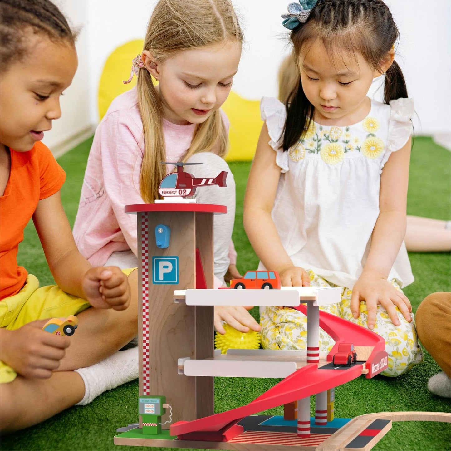 Letoiz Toy Car Garage with Rails, Wooden Parking Garage Toy Playset w/Elevator, Toddler Race Car Ramp Track Toy Set with 4 Mini Cars for Old Boys and Girls Kids Ages 3+ Birthday Gift Christmas