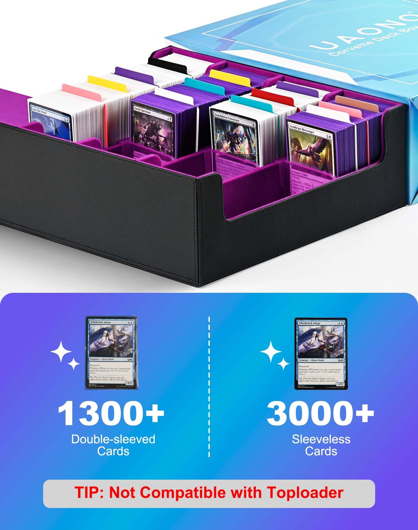 UAONO Card Storage Box for Trading Cards, 2400+ MTG Commander Deck Box With 24pcs Colorful Divider, Card Case Fits for Magic TCG PTCG Game Cards (Black&Purple)