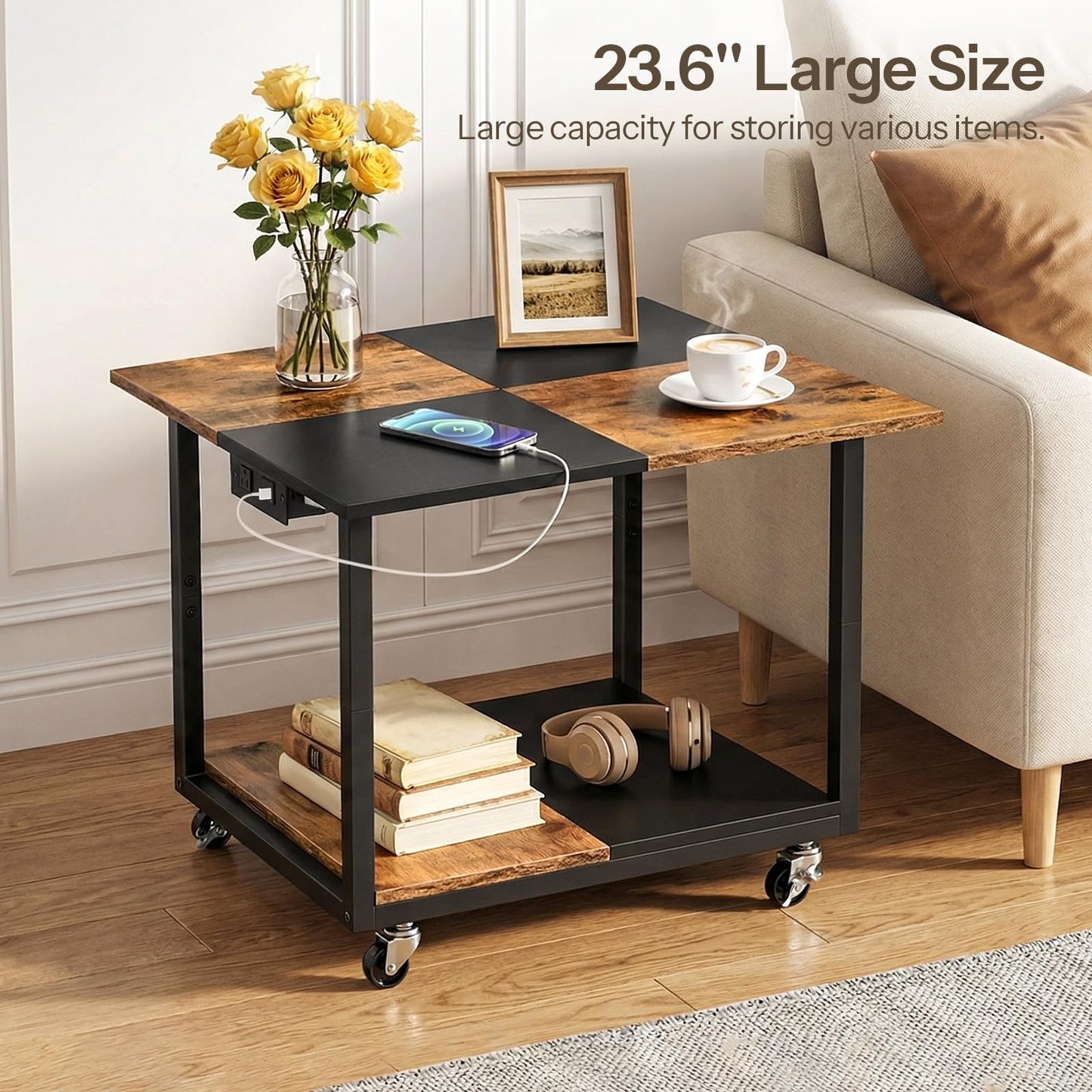 HOOBRO 23.6"×23.6" Large Printer Stand, Printer Table with Charging Station, Printer Cart on Wheels, Rolling Cart, for Office, Living Room, Rustic Brown and Black BF14UPS01
