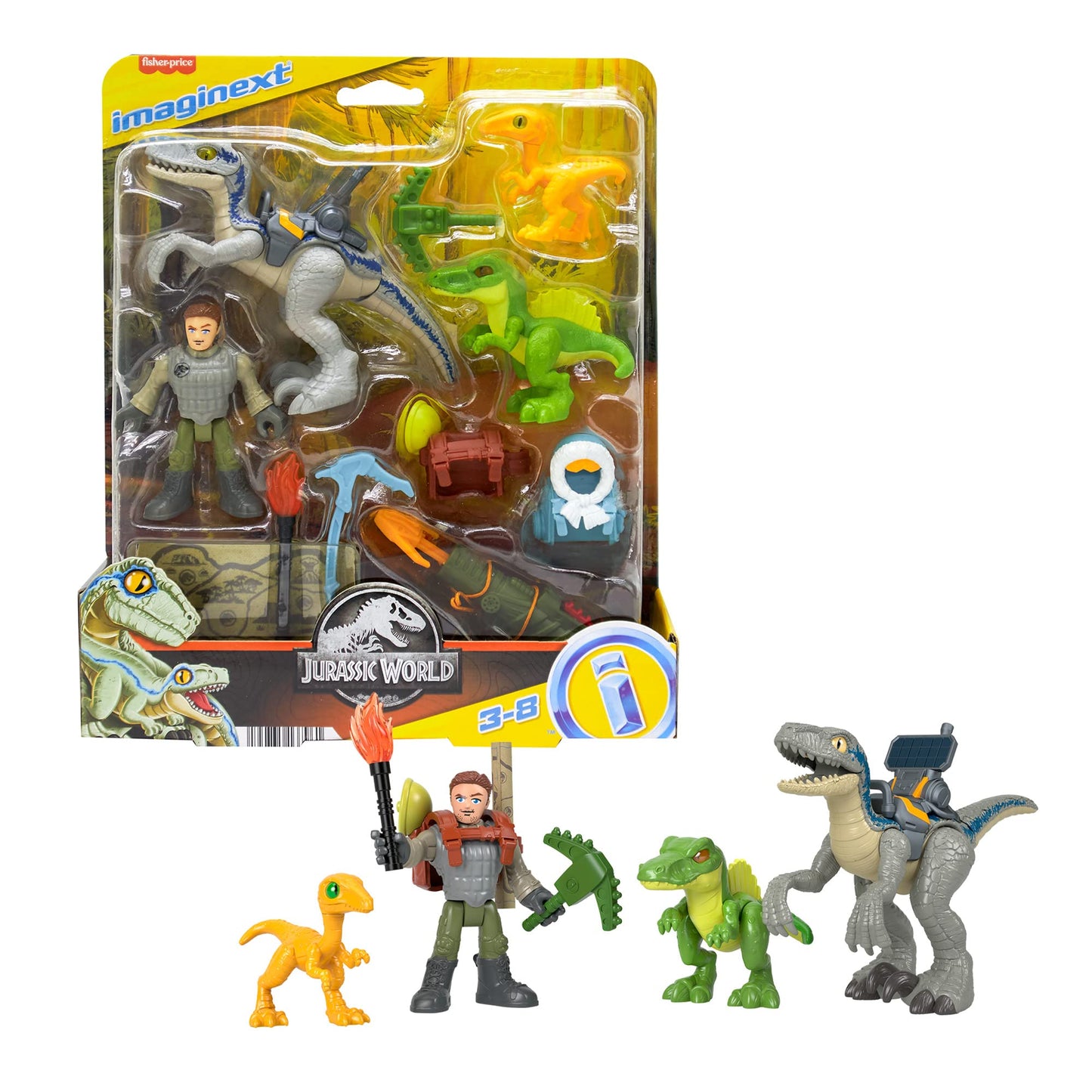 Imaginext Jurassic World Dinosaur Toys Track & Trail Dino Pack Play Set with Owen Grady & Blue the Raptor for Ages 3+ Years