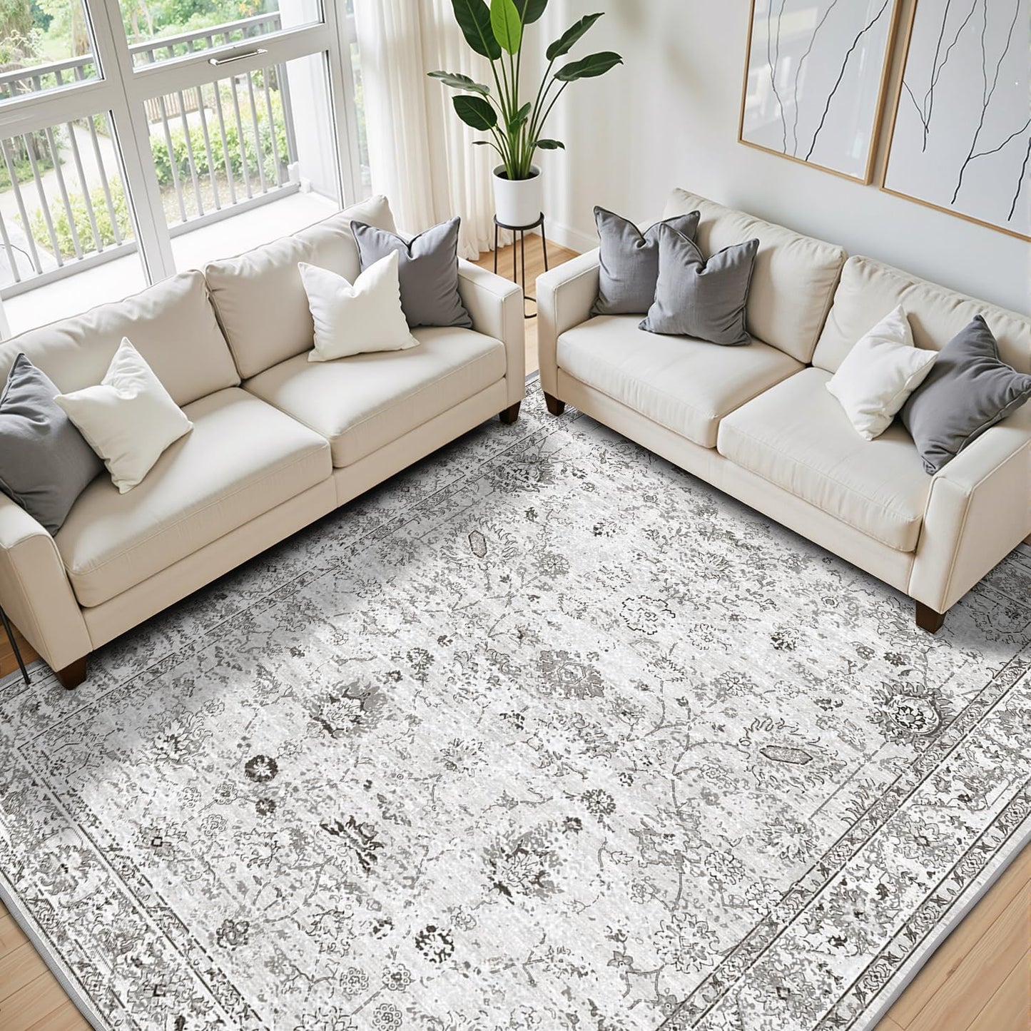 Washable Area Rug 8x10 Gray, Large Soft Rugs for Living Room Floral Grey White Carpet 8x10 Area Rugs for Bedroom Dining Room Non-Slip Stain Resistant Under Table Rug (8 x 10, Grey White)