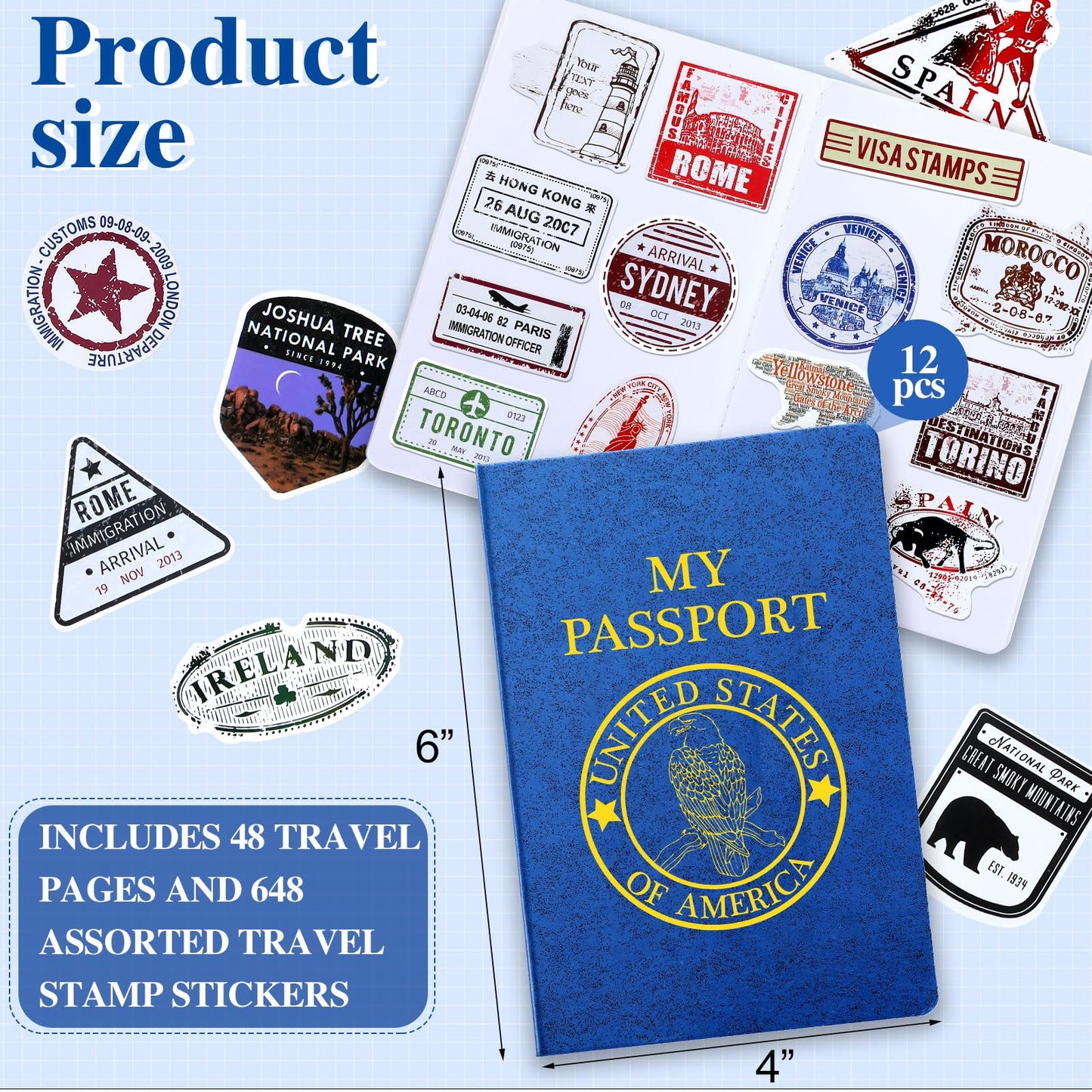 696 Pcs Kids Passport Book Set 48 Pcs Fake Passport Book with 648 Assorted Travel Stickers for Scrapbooks Party Favors Wall Decals Arts Crafts School Supplies Game Prizes Collections for Boys Girls
