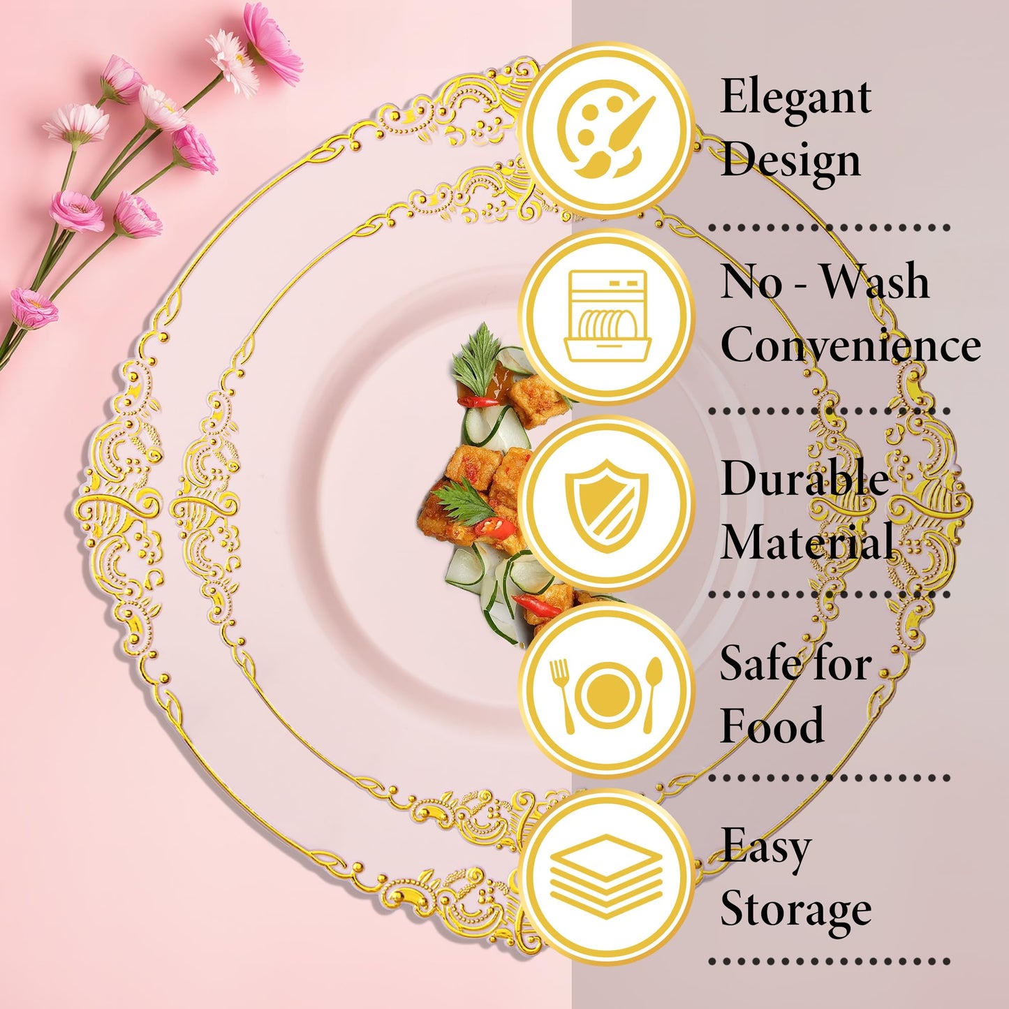 Nervure 100PCS Pink and Gold Plastic Plates - 10.25Inch Pink Disposable Plates - Plastic Dinner Plate for Weddings & Parties