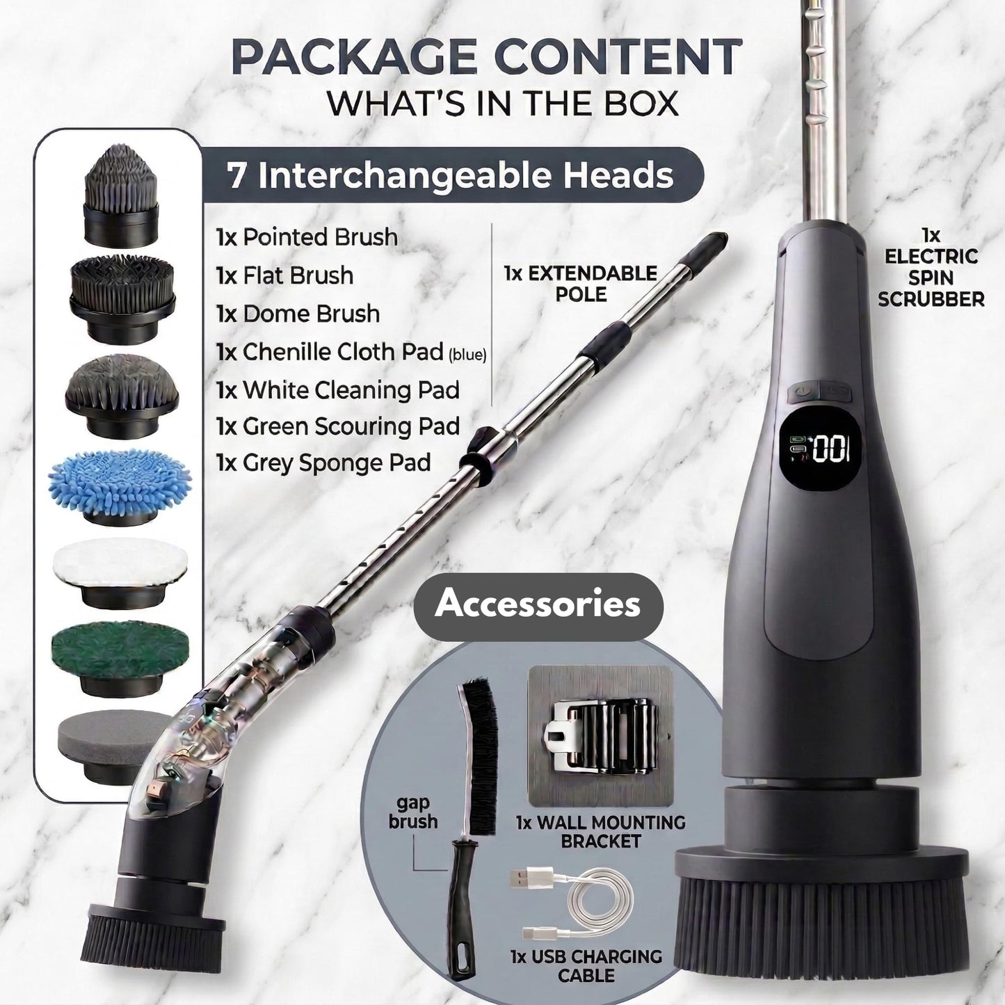 LIVINGPRO Electric Spin Scrubber with LCD Display, Cordless Cleaning Scrubber for Home, Upgraded 70W Dual Speed Motor, IPX7 Waterproof Power Scrubber, 7 Brush Heads, Extendable Long Handle