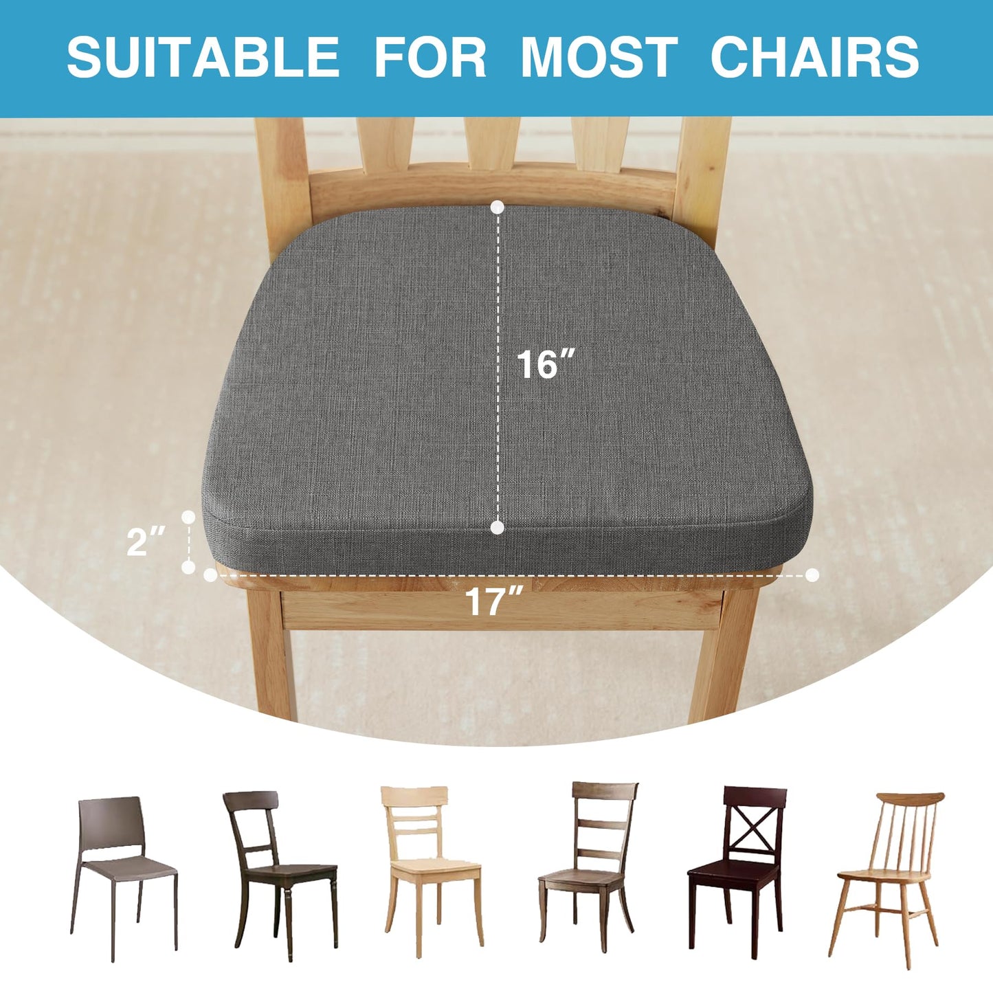 IASEAHK Chair Cushions for Dining Chairs Set of 6, Non Slip Kitchen Chair Pads, 17" x 16" x 2", Indoor Dining Chair Cushions with Ties, Seat Cushion for Kitchen Chairs, Chair Pads, Dark Grey