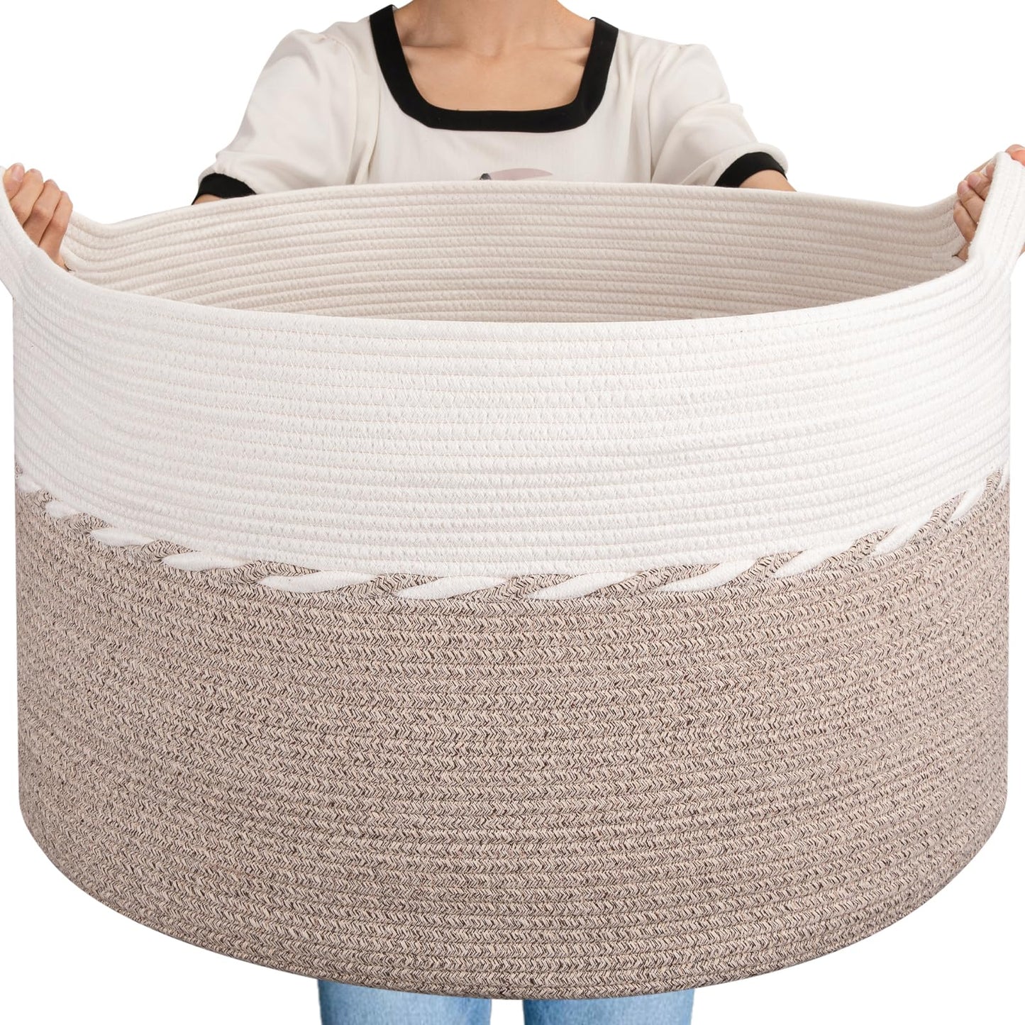 OIAHOMY 125L Extra Large Blanket Basket, 25" x 16", Jumbo Laundry Hamper, Cotton Rope Basket with Handles for Living Room,Baby Toy Storage Bins, Brown