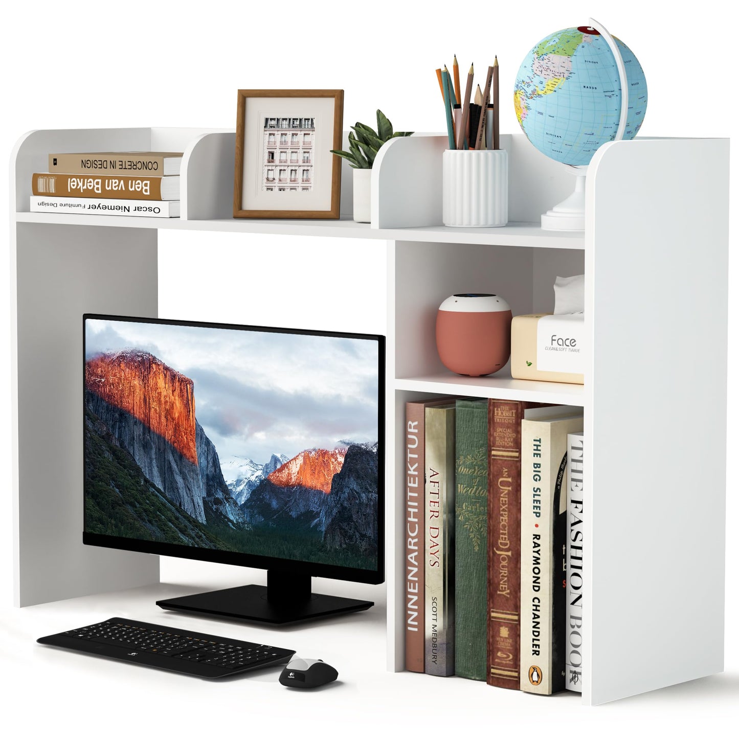 LAND·VOI Desktop Bookshelf, Countertop Storage Hutch with 5 Shelves for Computer Desk, Desk Organizer for Home Office Dorm, Dressing Tabletop, Bar Countertop, White EDS01W