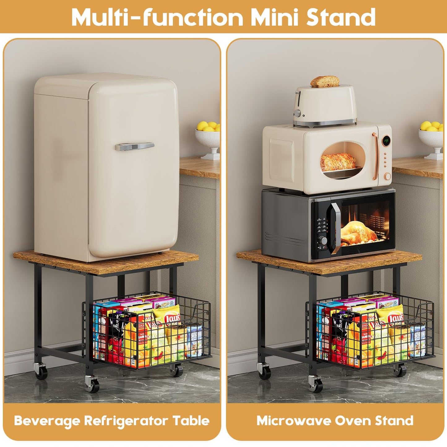 Mini Fridge Stand with Storage, Small Refrigerator Stand with Wheels, Rolling Mini Fridge Cart-Max Load 300 LBS Heavy Microwave Printer Stand Utility Cart for Dorm, Apartment, Kitchen, Office (Brown)