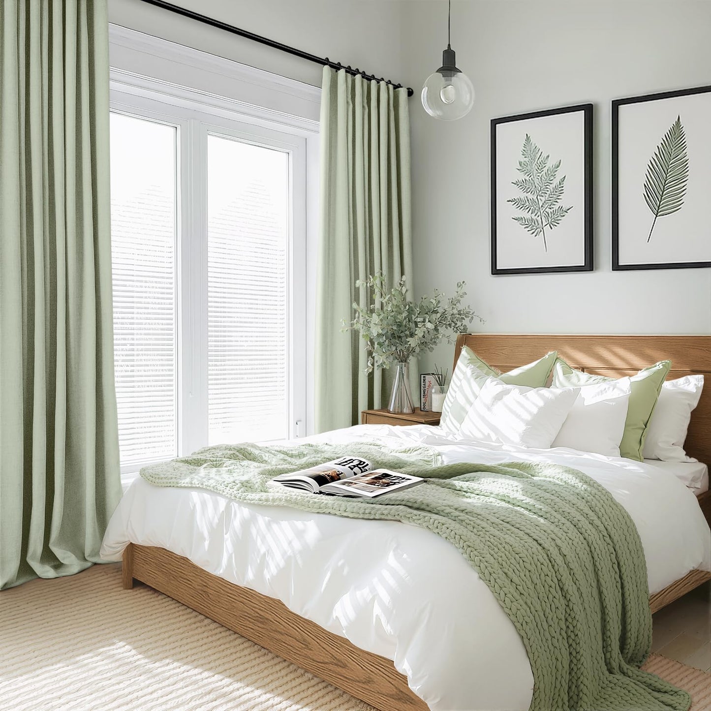 INOVADAY 100% Blackout Curtains for Bedroom, Black Out Curtains 84 Inch Long, Clip Rings Linen Blackout Drapes, Thermal Insulated Room Darkening for Living Room, 2 Panels - Sage,W50xL84