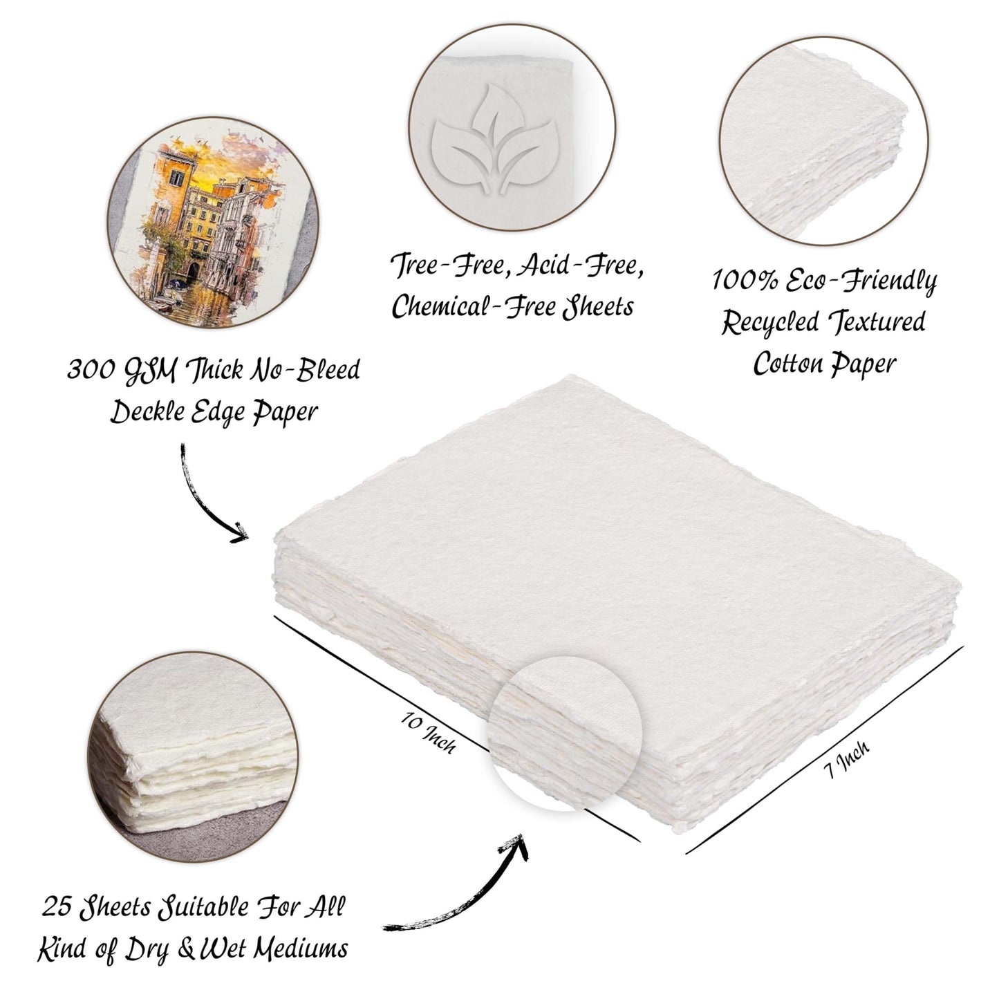 LEATHER VILLAGE Watercolor Paper, 140lb(300gsm), 11.7x7.5 Inches, 25 Sheets, Handmade Deckle Edge Paper, Textured, Mixed Media, Cold Press Pad for Calligraphy, Sketching, Crafts and Painting