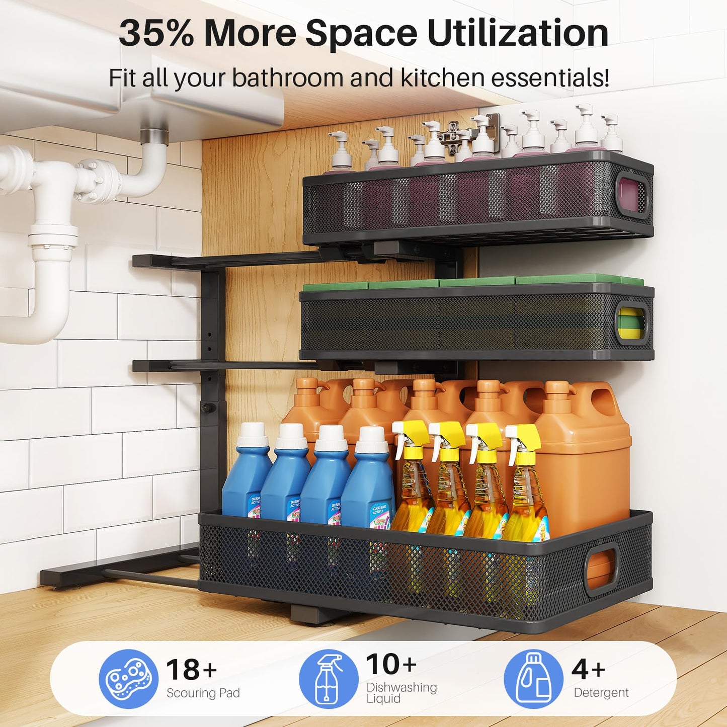Under Sink Organizer, 2-Pack 3-Tier Thickened Metal Pull out Cabinet Organizer Shelf, Height Adjustable Slide out Storage Drawer Rack for Kitchen Bathroom Pantry Laundry Home Office Organization
