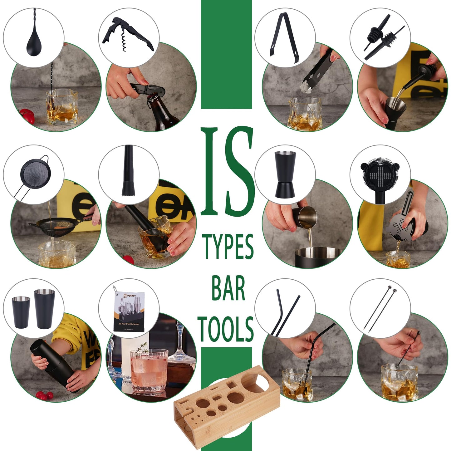JWJIUEJIU Cocktail Shaker Set, 15-Piece Boston Shaker Bartender Kit, Bar Set Accessories, Professional Bartending Kit Home Black Bar Tools Set with Recipes Booklet (Matte Black, Wood Stand)