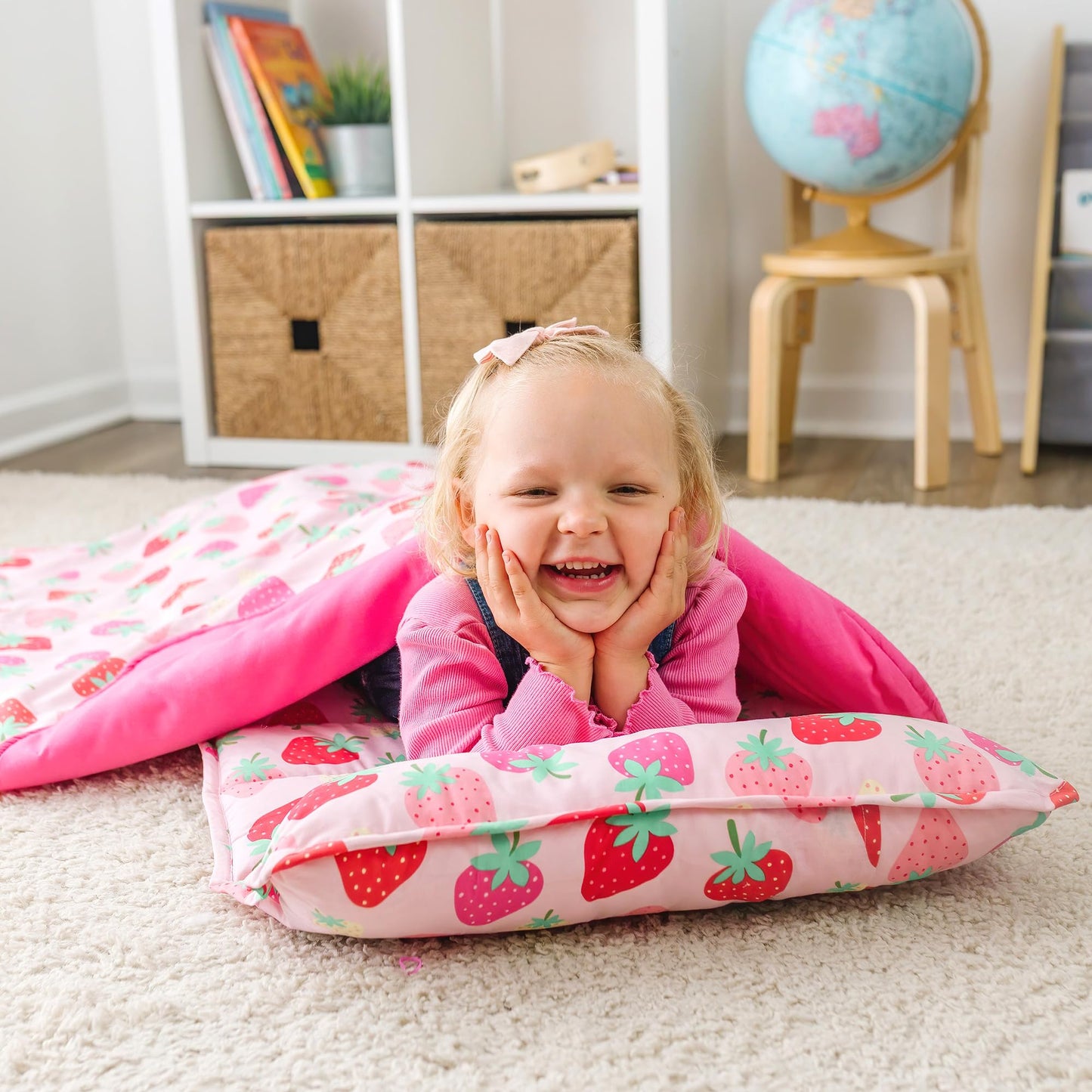 Wildkin Kids Nap Mat with Pillow for Girls – Soft & Cozy Toddler Sleep Mat for Daycare, Preschool, Kindergarten & Travel, Ages 3–7, Machine Washable – Strawberry Patch