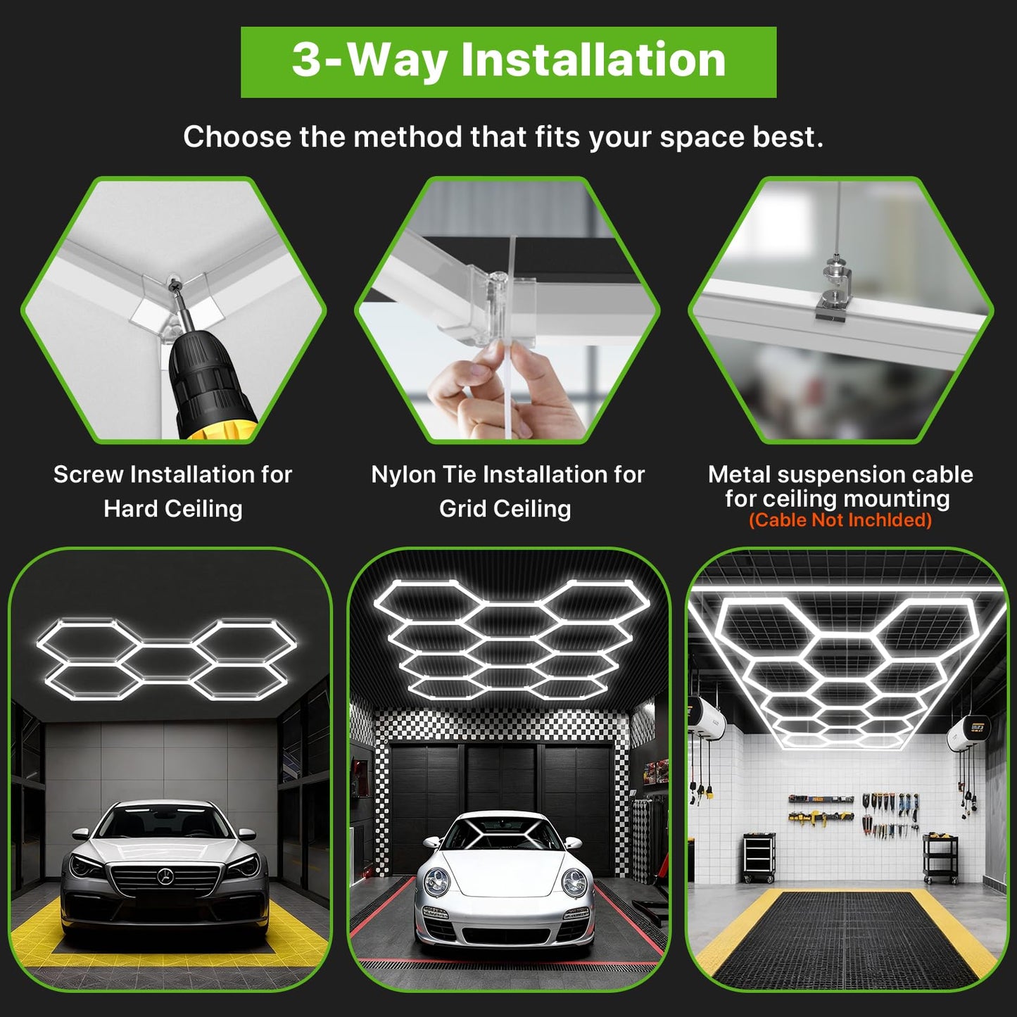 Glitgate Hexagon LED Garage Light, 168W 18480LM 5-Grid Honeycomb Hex Lighting System, 6500K Ultra Bright Ceiling Light for Garage, Car Detailing Shop, Workshop, Basement, Gym