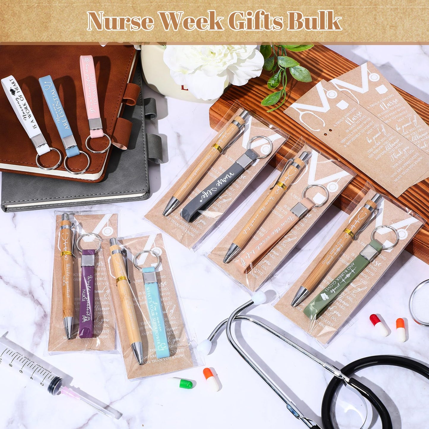 Jetec 60 Sets CNA Week Gifts Nurse Graduation Appreciation Gifts Bulk for Nursing Students Coworkers Employees Doctor Team Staff Office Include Bamboo Pen Card Keychain
