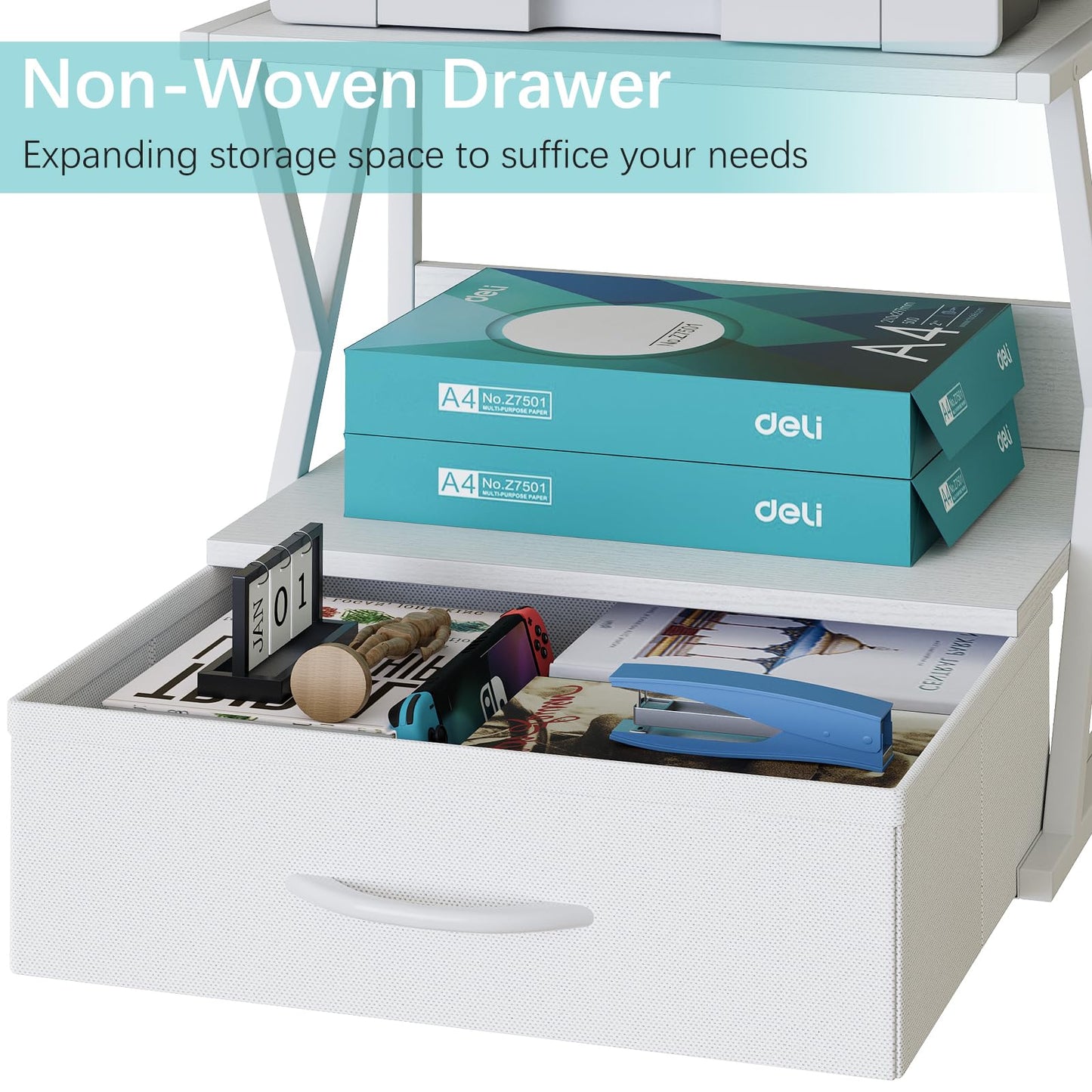 aboxoo Printer Stand for Desk with Storage Drawer, 2 Tier Desktop Or UnderDesk Shelf, Multi-Purpose Desk Organizer for Home Office, fit Fax Machine/3D Printer/Scanner, White