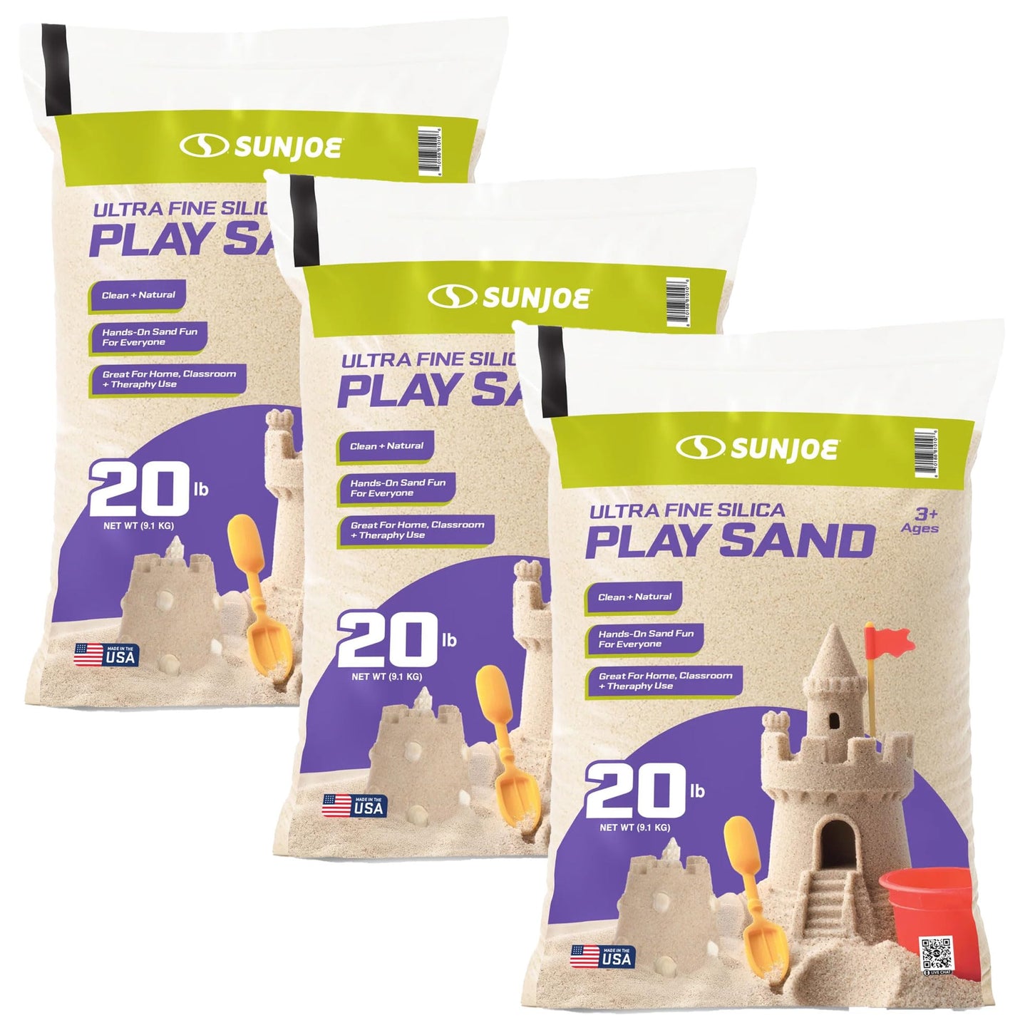Sun Joe 3 Pack Silica Play Sand for Sandbox, Sensory Table & Garden Spaces, Ultra Fine, 20 Lbs - Natural Craft Accessory for Molding, Digging & Sculpting - Ideal for Indoor and Outdoor Use