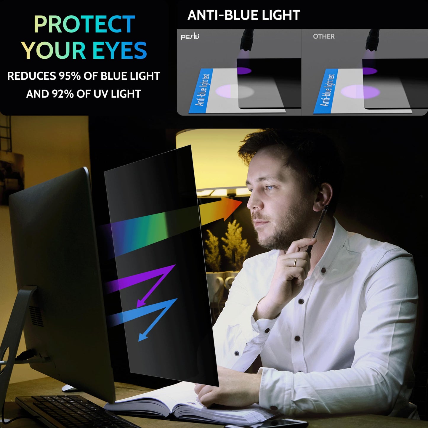 Peslv 2-PACK 24 Inch 16:9 Computer Privacy Screen for Widescreen Monitor, 24inch Removable Anti Blue Light Glare Eye Protection Shield, Black Blackout Anti Spy Desktop Security Private Filter