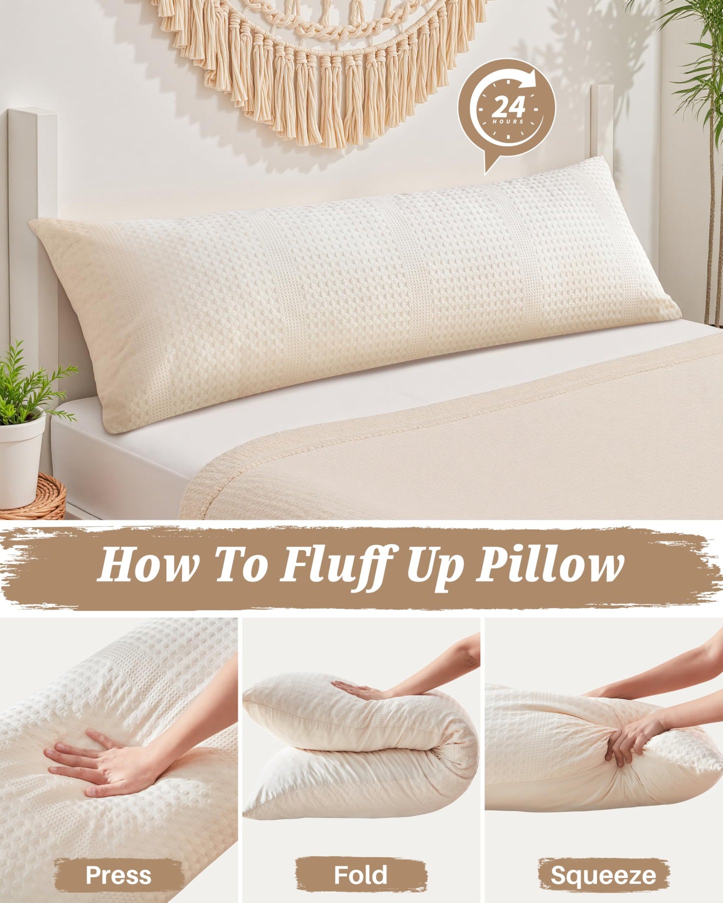 YZ HOME Waffle Weave Body Pillow for Adults - Memory Foam Body Pillow with Removable Pillowcase - Firm and Fluffy - Large Long Bed Pillows for Side Sleepers, Washable, 20x54 Inch(Beige)