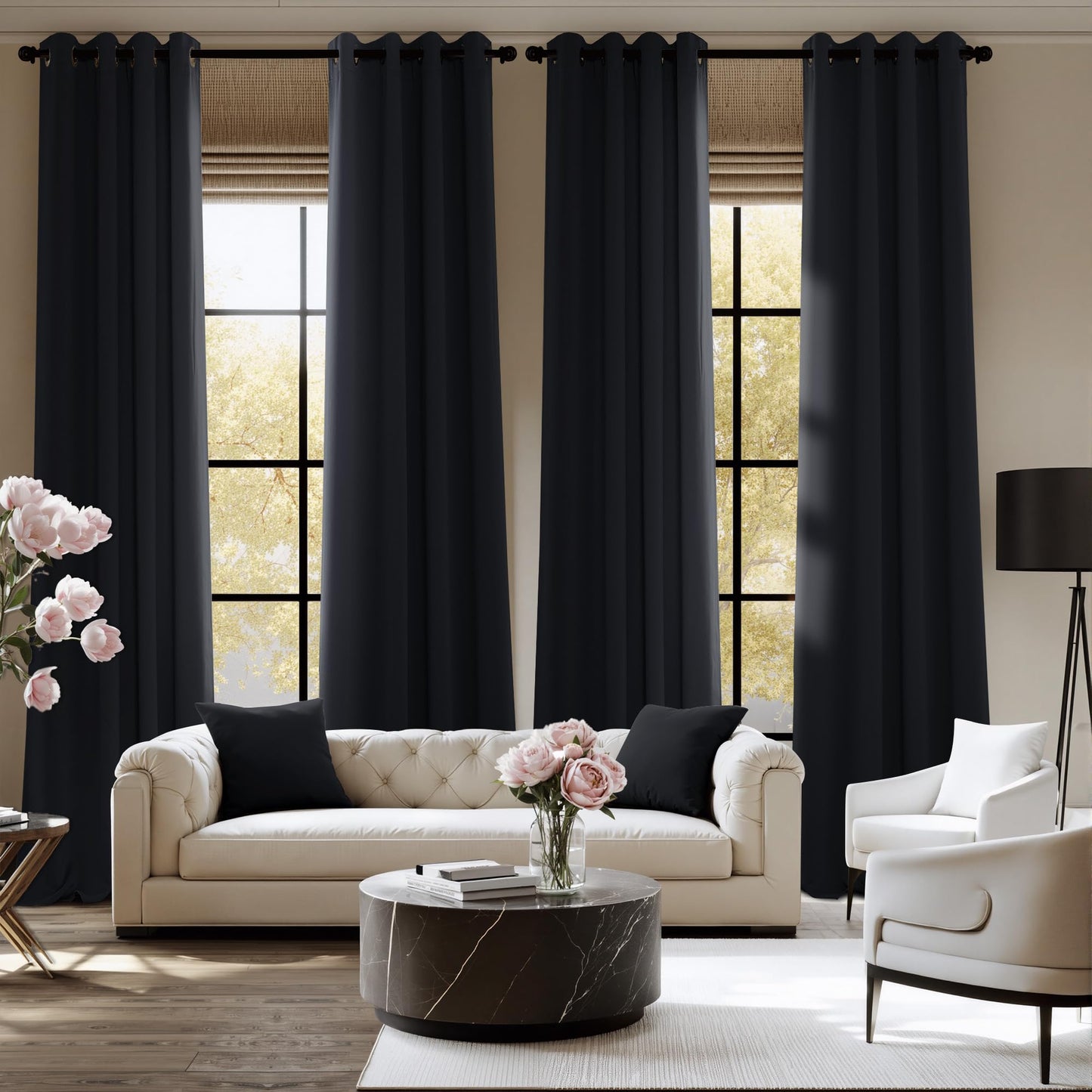 NICETOWN 95 Inch Blackout Curtains, Grommet 2 Panels Thermal Insulated Black Room Darkening Drapes, Extra Long Window Curtains for Bedroom Living Room