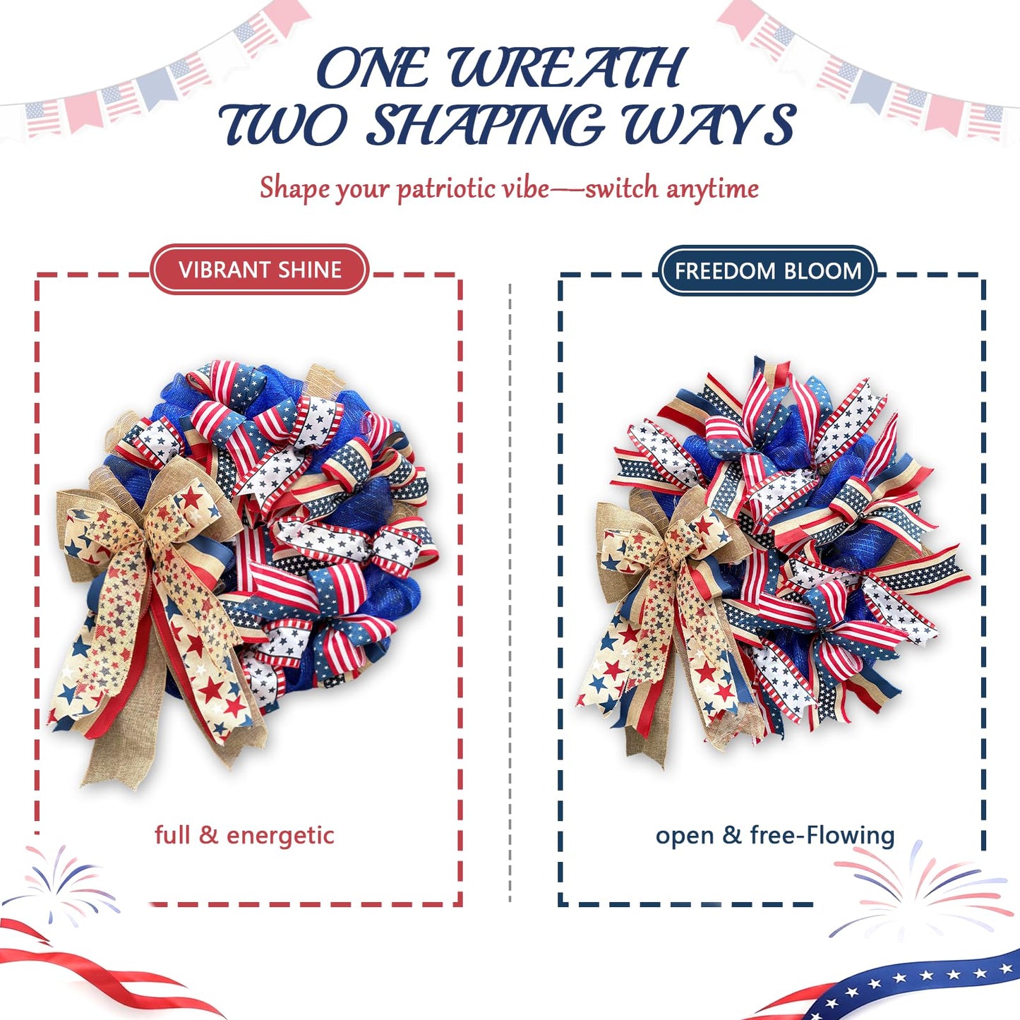 Presentastic 250th Anniversary Patriotic Wreaths for Front Door, 24 Inch Large 4th of July Decorations, Handcrafted Ribbon Burlap Bow, Red White and Blue Memorial Day Wreath with Lights & Storage Bag