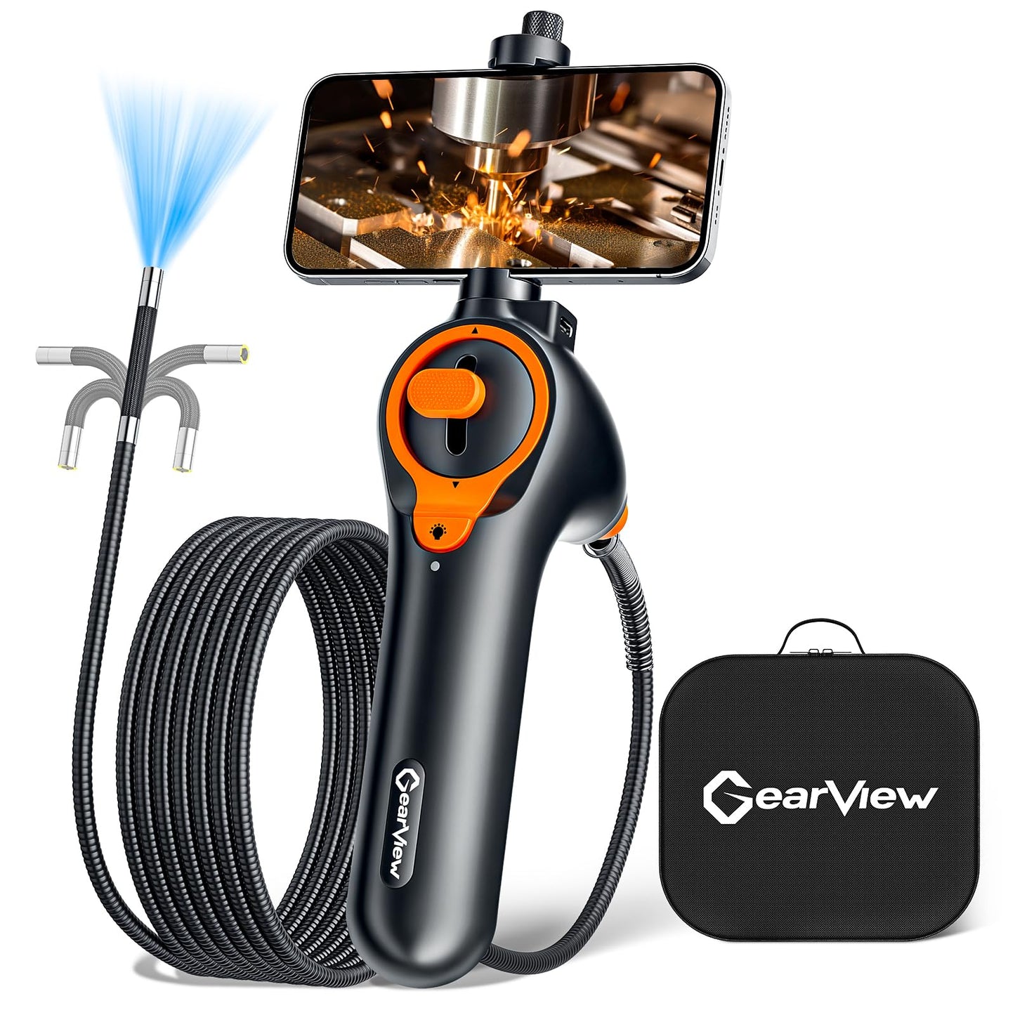 GearView 210°Articulating Borescope Camera - Inspection Camera 6 Light, Endoscope with 6.2mm IP67 Waterproof Probe, 3X Zoom 2-Way Borescope with Flexible Cablegabg