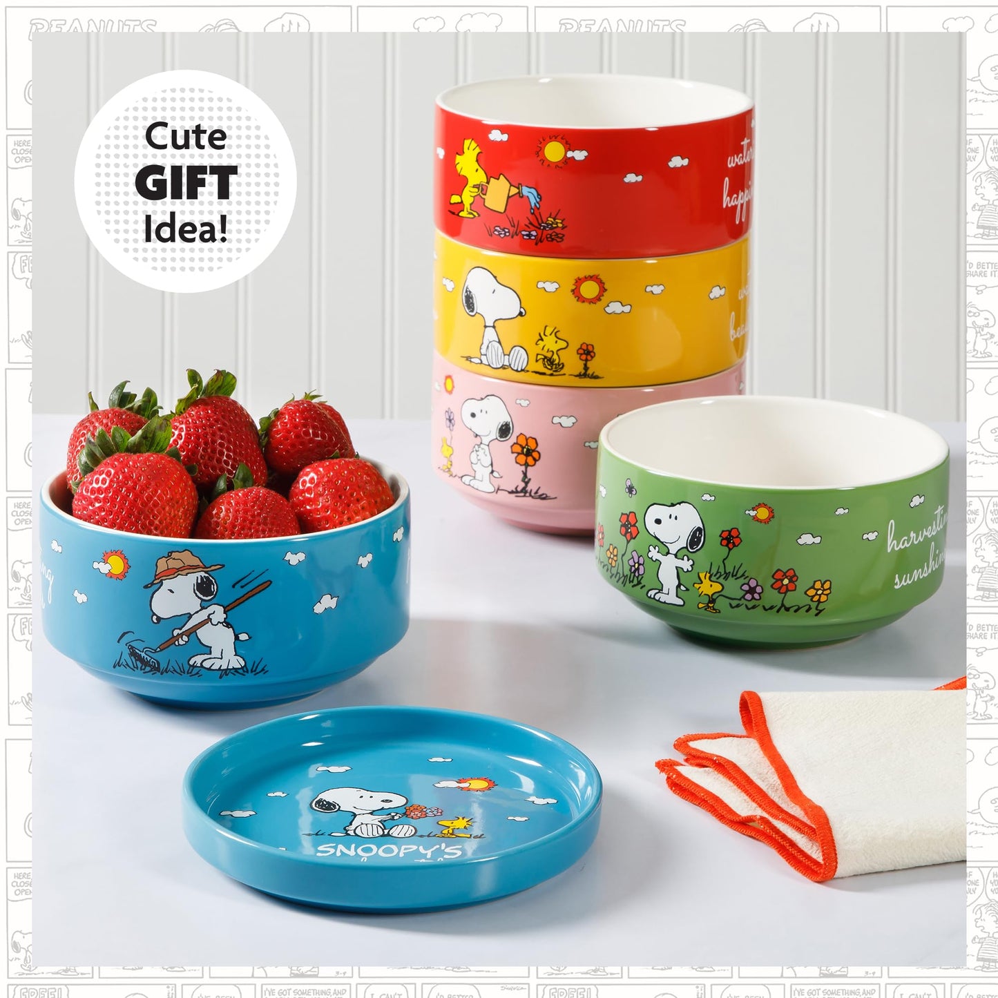 Peanuts Snoopy 6-Piece Stackable 5.5-Inch Decorated Stoneware Bowl Set With Matching Plate, Microwave & Dishwasher Safe, Collectible Kitchen Dinnerware
