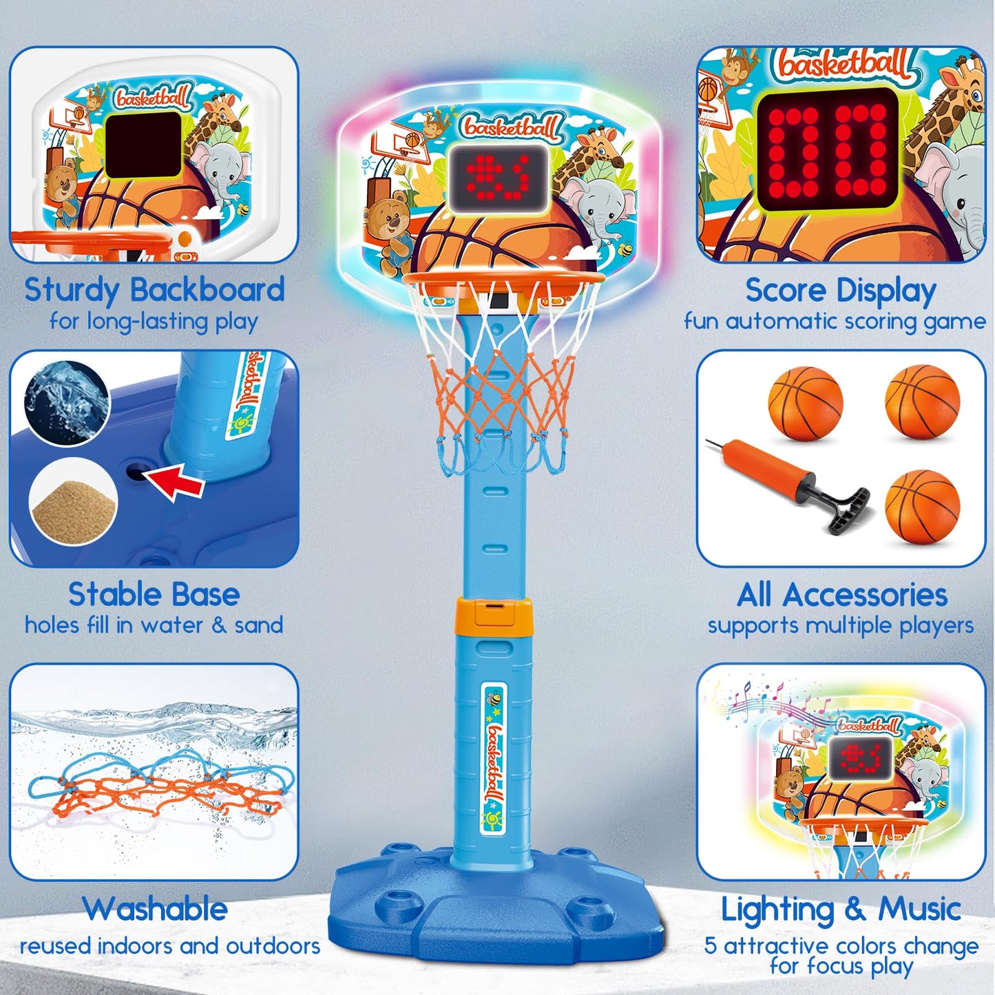 Toddler Basketball Hoop Indoor for Age 1-3, Kids Basketball Hoop with Led Light Scoreboard, Adjustable Basketball Goal with 3 Balls, Outdoor Sport Toy for 1 2 3 4 Year Old Baby Boy Girl Birthday Gift