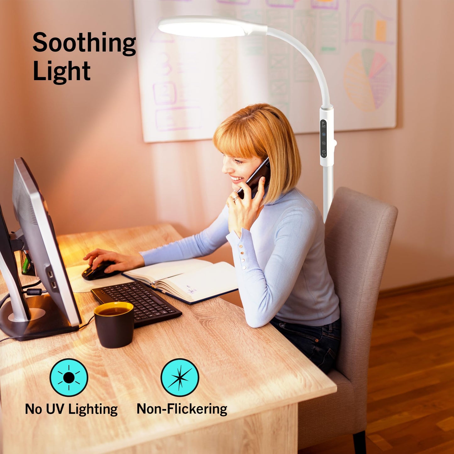 PRIMETEK Happy Light 10000 Lux Mood Lamp, Dual Control Remote,Touch Screen Sad Lamp, Adjustable LED Floor Lamp, UV-Free Sun Light, 5 Color Temperatures 10 Brightness Levels Happy Lights