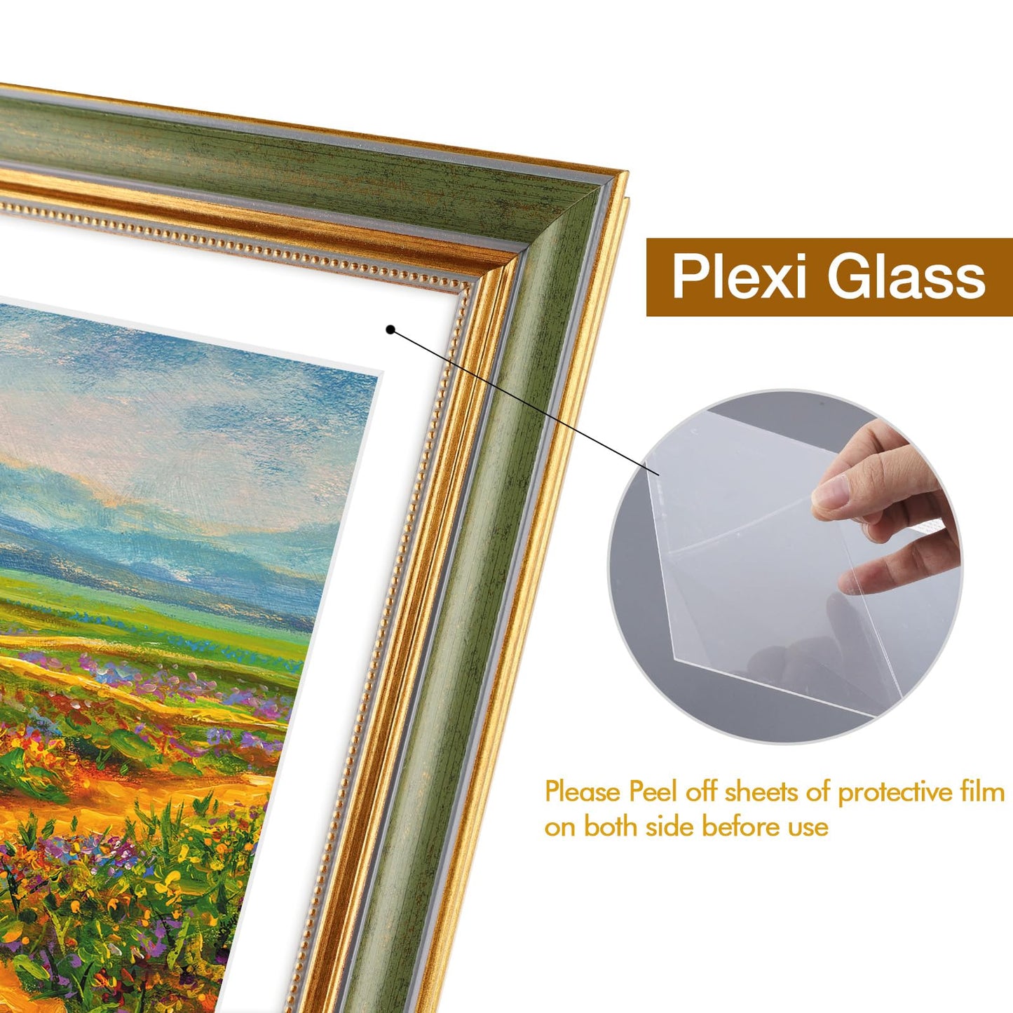 Golden State Art,16x20 Ornate Picture Frame with White Mat for 11x14 Photo or Display 16 x 20 Print without Mat Color Green Gold(Plexiglass Front)