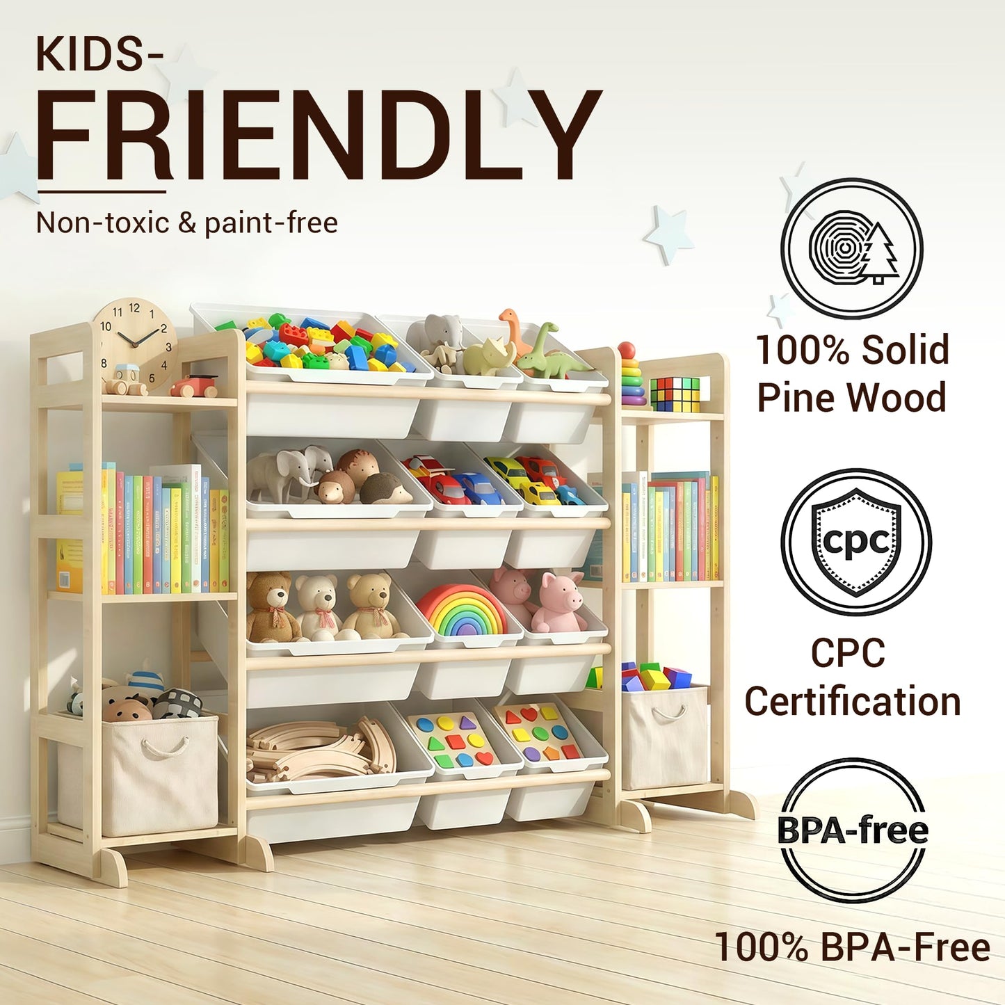 Kiddocood Kids Toy Storage Organizer with 12 Bins, 100% Solid Wood - Natural Finish Montessori Toy Organizer, BPA Free, CPC & TIC Certified Playroom Organization for Living Room & Nursery, 52.3"