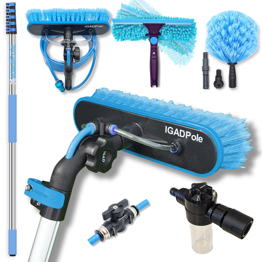 26ft IGADPole Washing Kit: Water-fed Brush, Cobweb Duster and 10” Squeegee and Soap Dispenser, with 5-Stage Telescoping Pole 5-20ft Pole