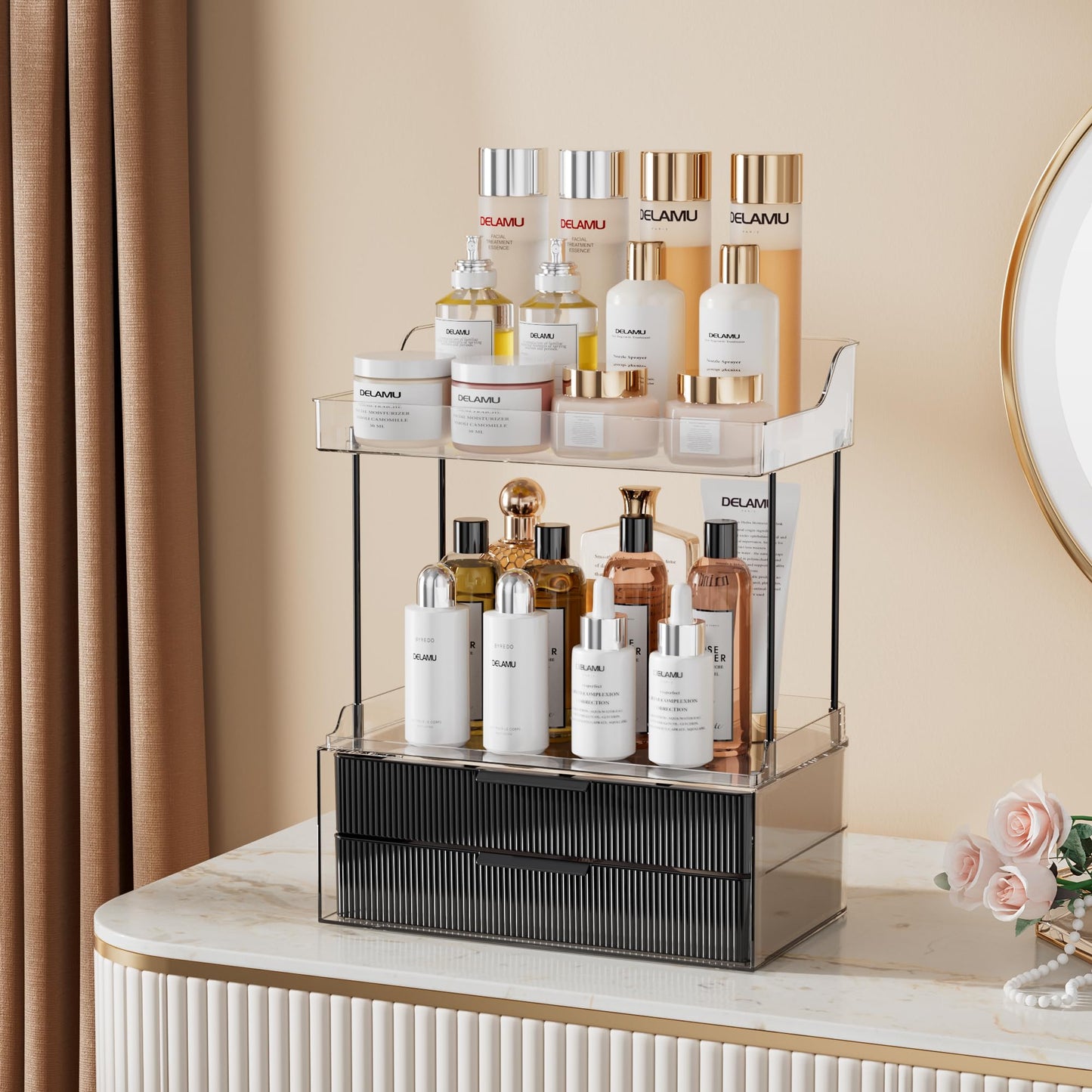 Delamu Bathroom Organizers and Storage, 2-Tier 2-Drawer Makeup Organizer Countertop, Easy to Install, Ideal for Bathroom Storage, Vanity, Large Skincare, Perfume, Present, and More, Black