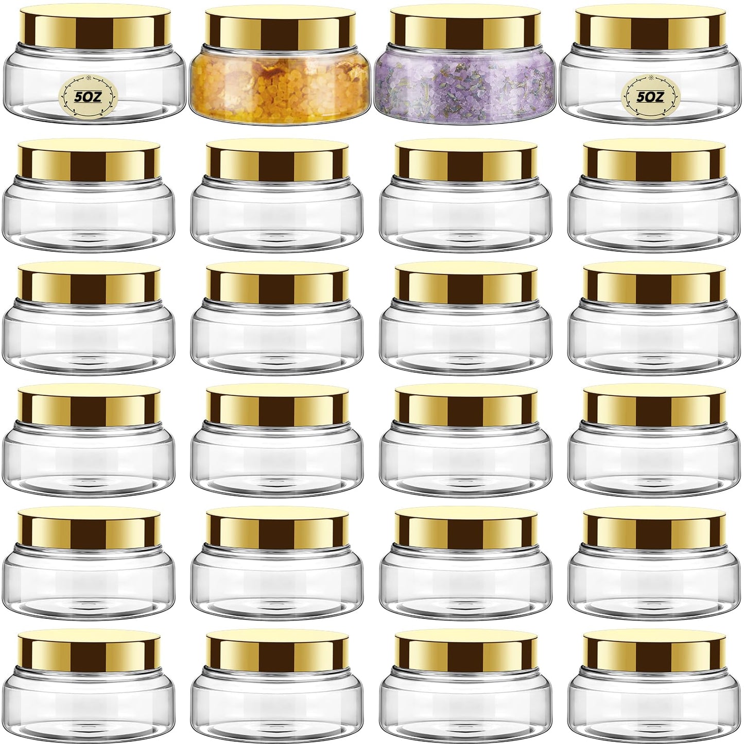 Tessco 24 Pack Plastic Jars with Lids Labels Empty Clear Plastic Jars Round Refillable Cosmetic Containers Body Butter Containers Bulk Sugar Scrub Bottle for Make Up(5 oz,Gold)