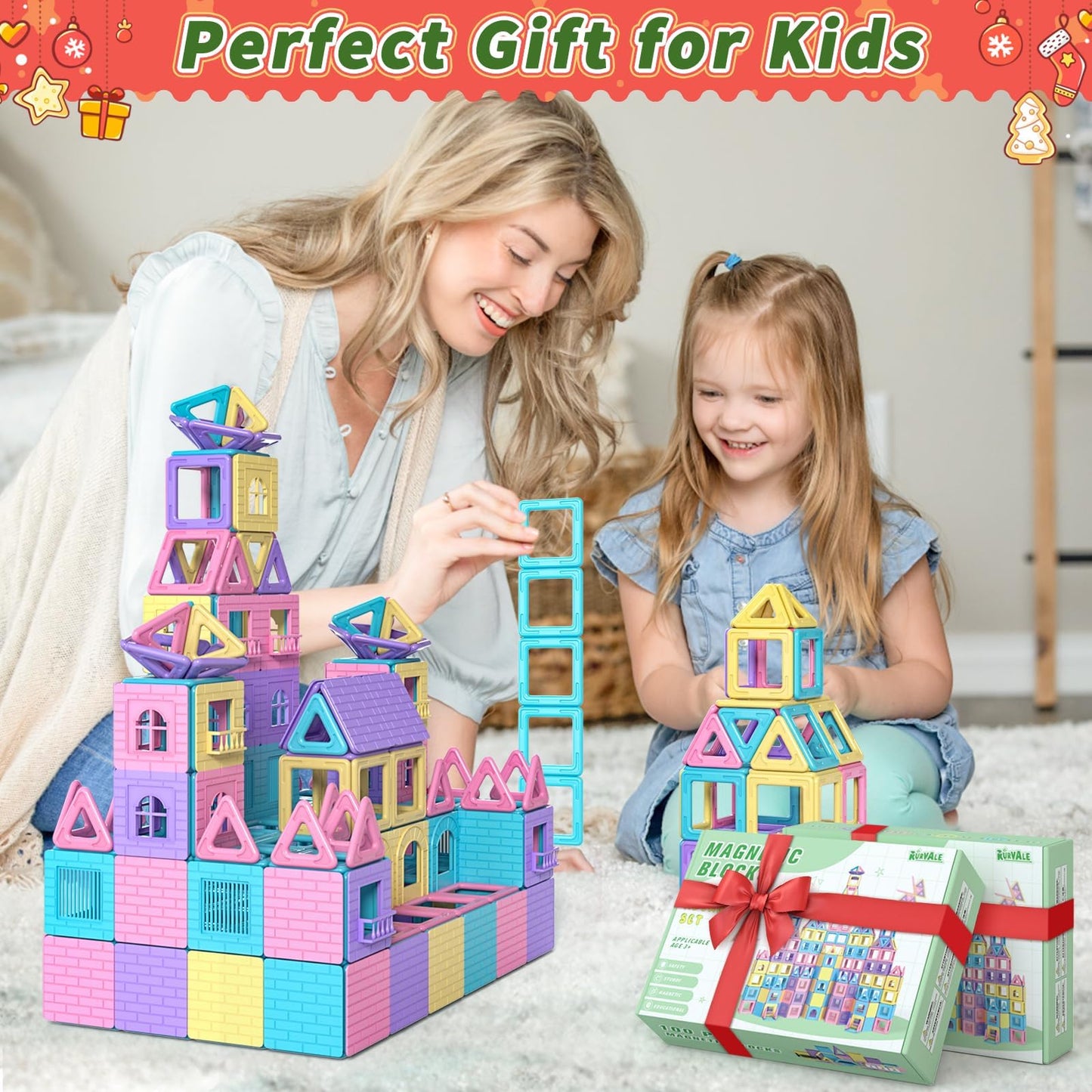 Rurvale 100Pcs Magnetic Tiles, Magnet Blocks for 3 4 5 6 7 8 Year Old Boys Girls, Learning Educational STEM Toys for Toddlers 3-5, 4-8, Building Blocks for Kids Ages 3+ Birthday Gifts