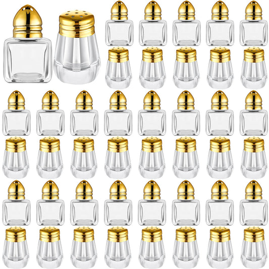 Zopeal 50 Set Mini Salt and Pepper Shakers Small Bulk Clear Individual Seasonings Tiny Spice Shakers for Kitchen Wedding Picnic, 2 Styles(Gold Lids)