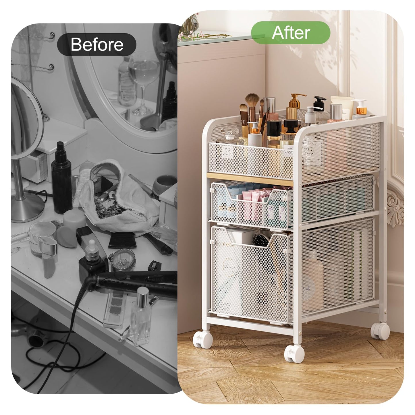 Hongtamoya Rolling Makeup Cart Organizer with 2 Drawers, Narrow Floor Skincare Organizers, Vanity Organizer Cosmetics Display Cases Holder for Skin Care Nail Polish Perfume Makeup Brush, White